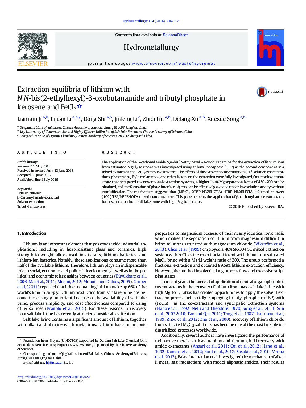 عکس صفحه اول مقاله: Extraction equilibria of lithium with N,N-bis(2-ethylhexyl)-3-oxobutanamide and tributyl phosphate in kerosene and FeCl3 Extraction equilibria of lithium with N,N-bis(2-ethylhexyl)-3-oxobutanamide and tributyl phosphate in kerosene and FeCl3