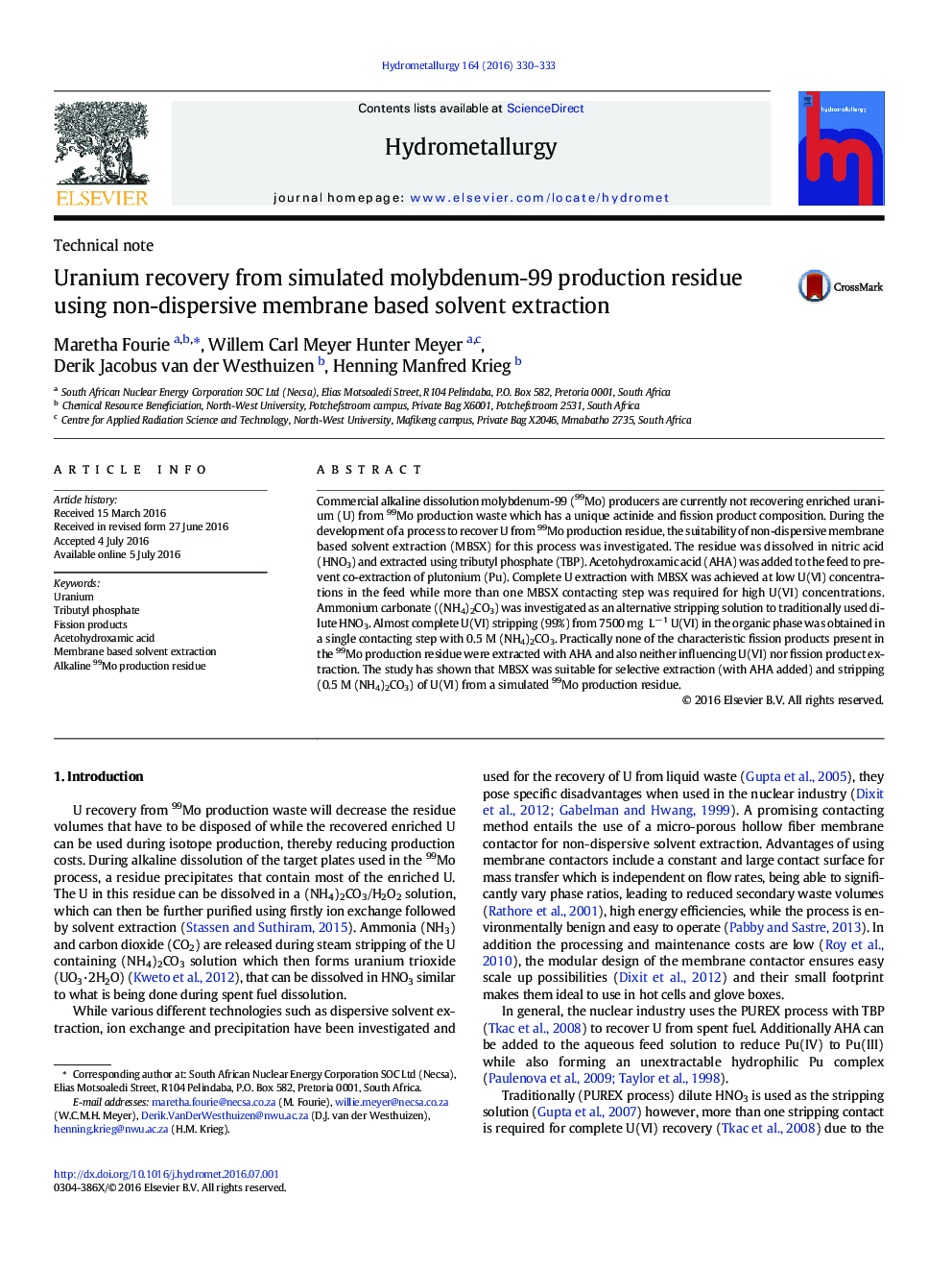 Uranium recovery from simulated molybdenum-99 production residue using non-dispersive membrane based solvent extraction