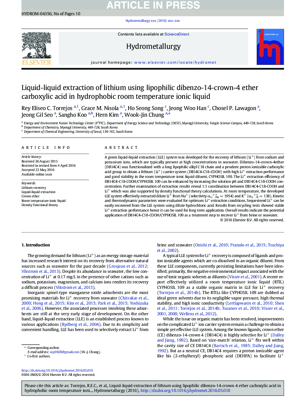 Liquid-liquid extraction of lithium using lipophilic dibenzo-14-crown-4 ether carboxylic acid in hydrophobic room temperature ionic liquid