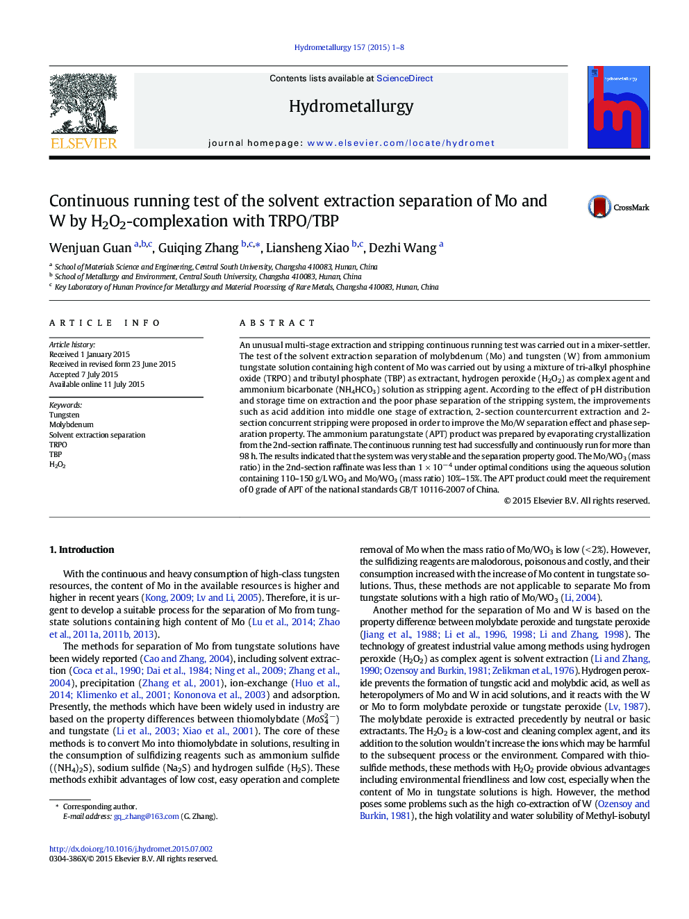 Continuous running test of the solvent extraction separation of Mo and W by H2O2-complexation with TRPO/TBP