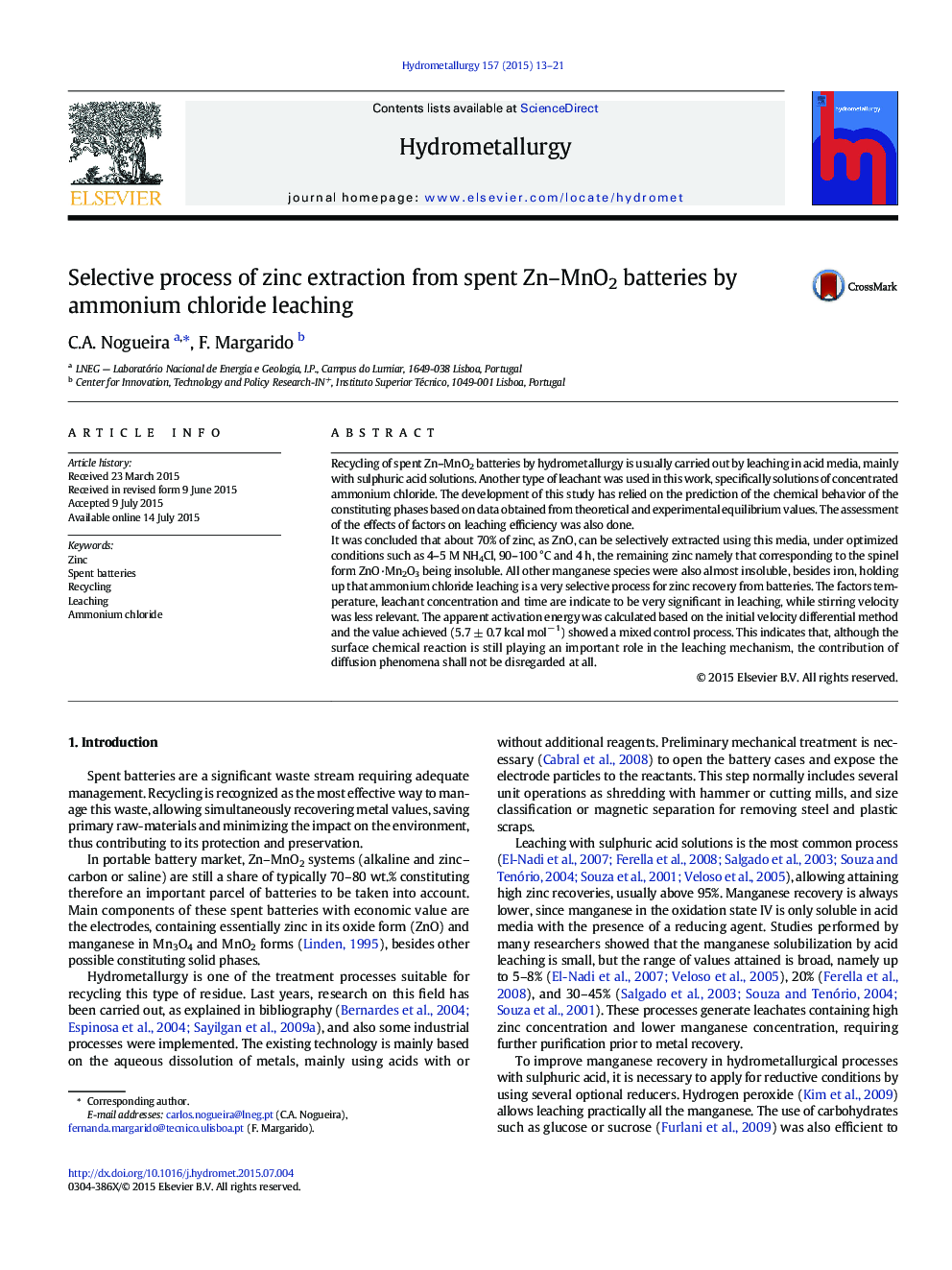 Selective process of zinc extraction from spent Zn-MnO2 batteries by ammonium chloride leaching