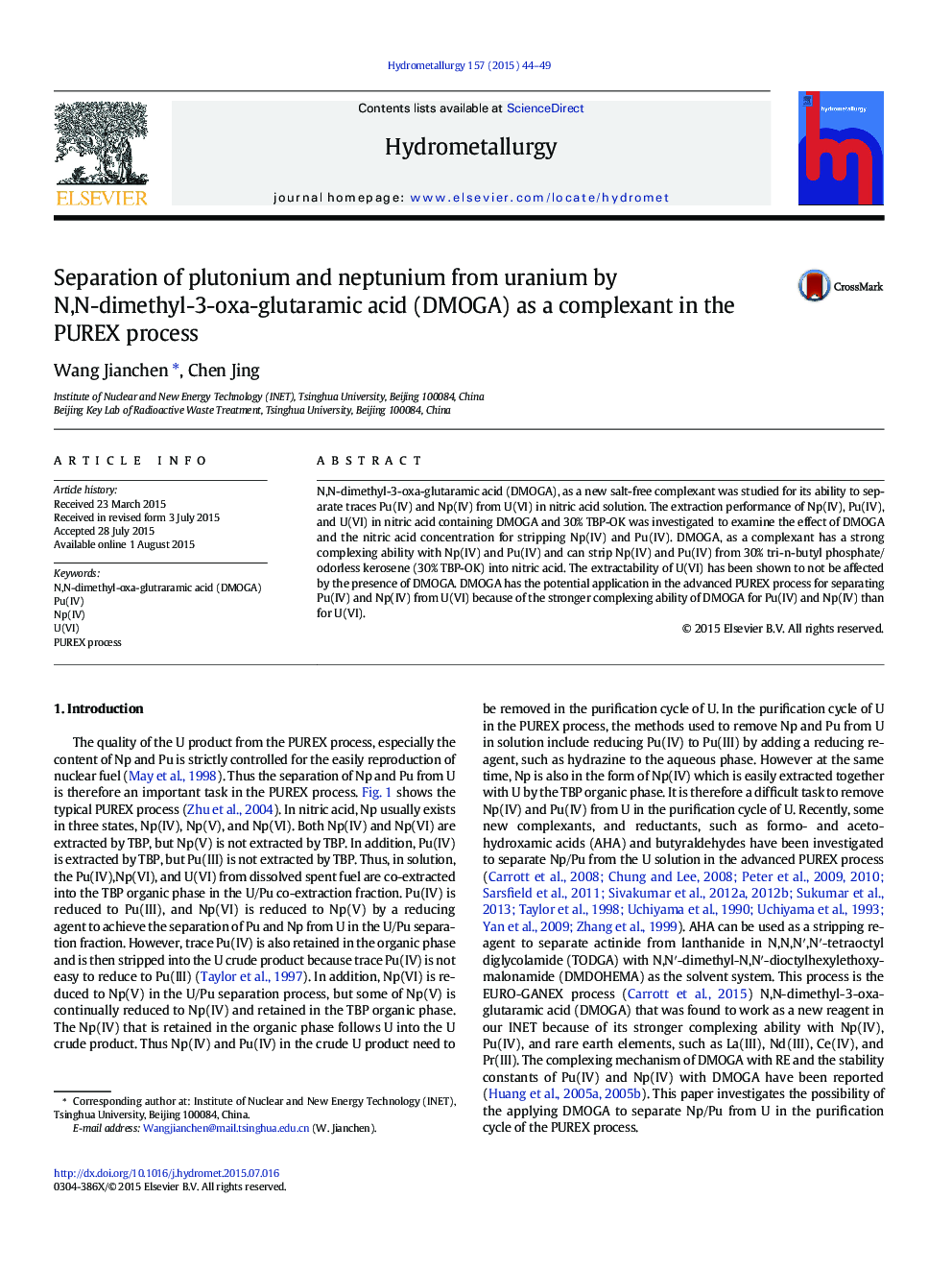 Separation of plutonium and neptunium from uranium by N,N-dimethyl-3-oxa-glutaramic acid (DMOGA) as a complexant in the PUREX process