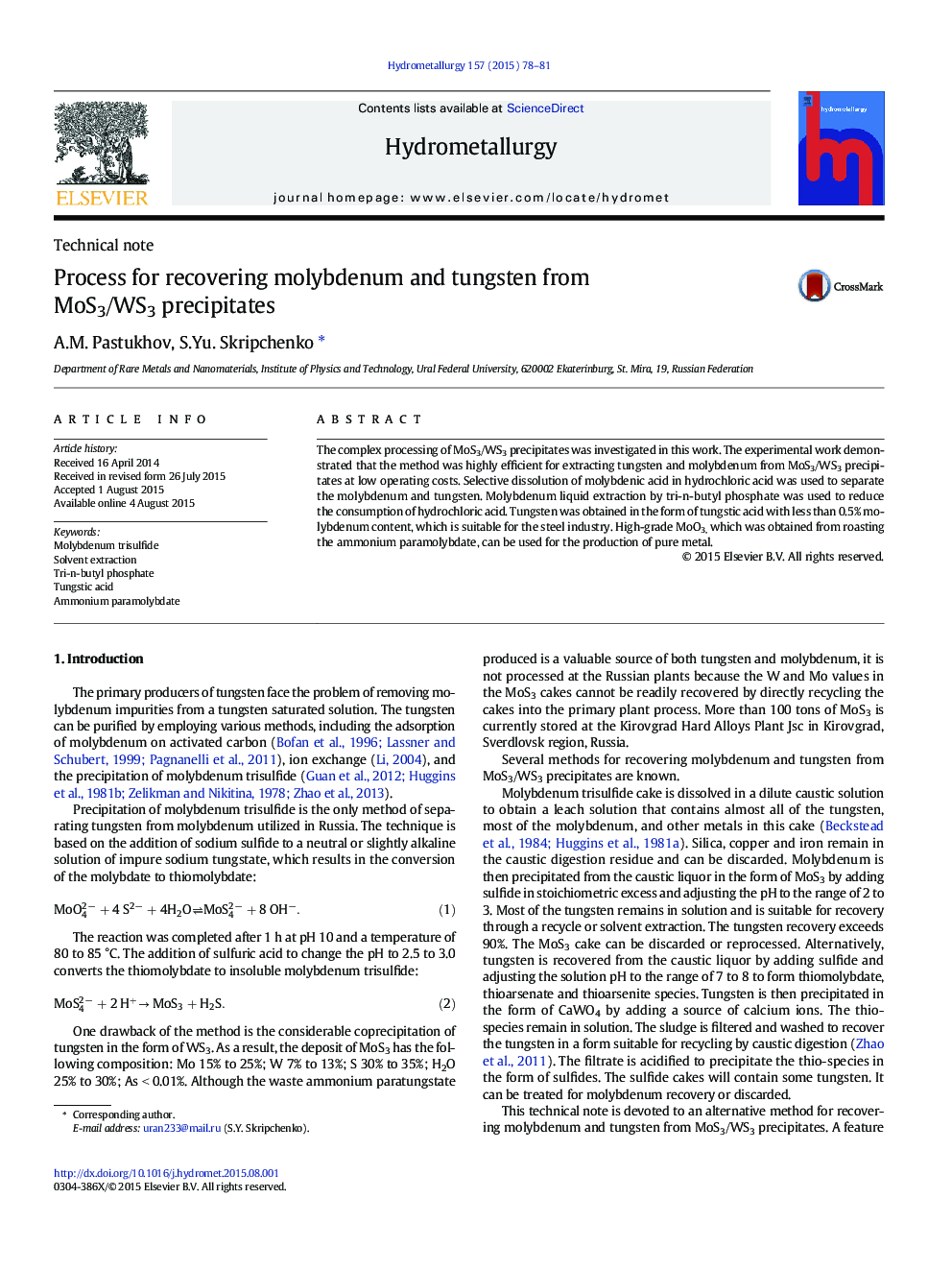 Process for recovering molybdenum and tungsten from MoS3/WS3 precipitates