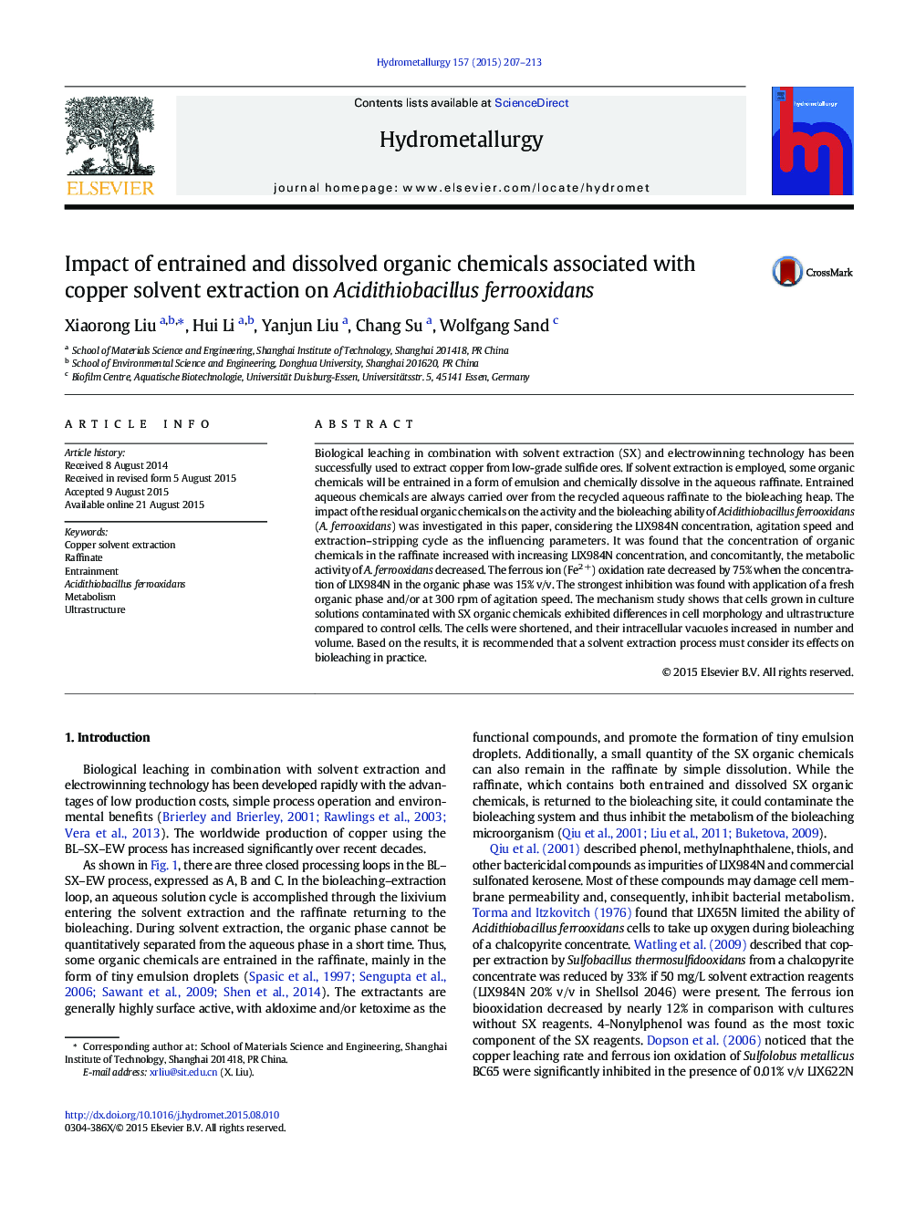 Impact of entrained and dissolved organic chemicals associated with copper solvent extraction on Acidithiobacillus ferrooxidans