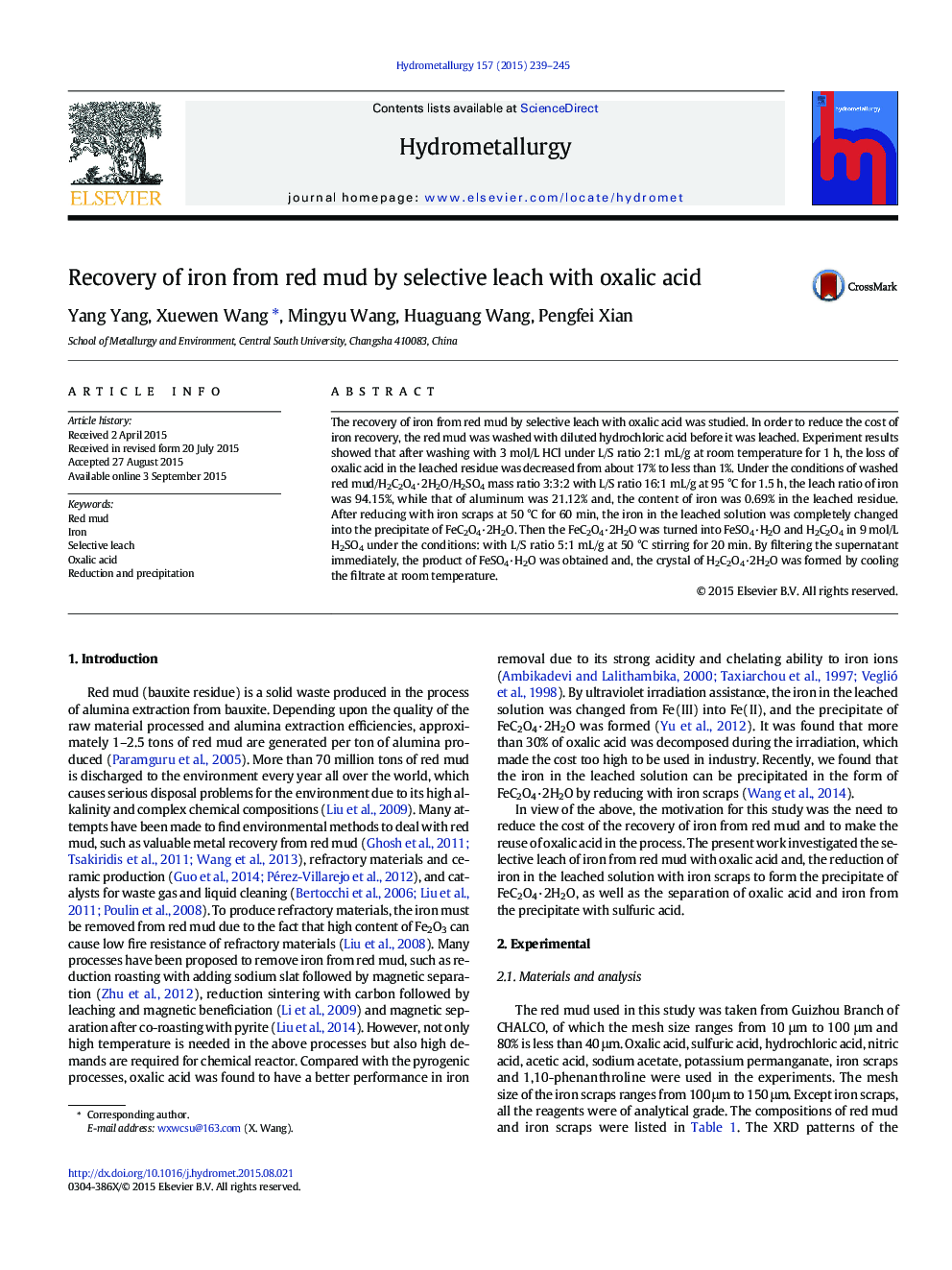 Recovery of iron from red mud by selective leach with oxalic acid