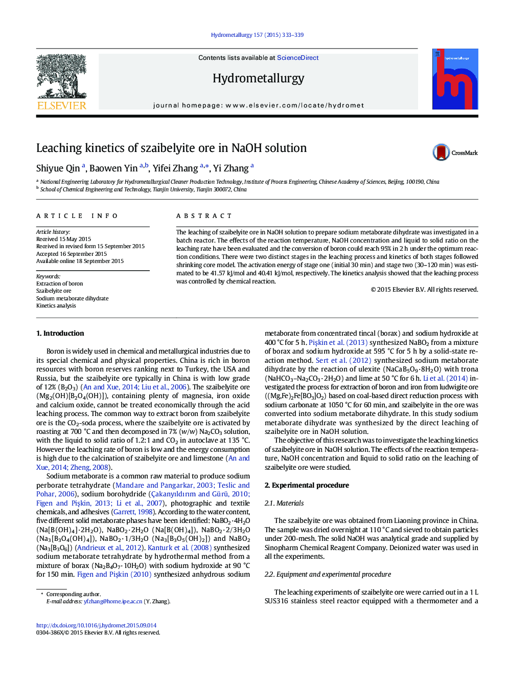 Leaching kinetics of szaibelyite ore in NaOH solution