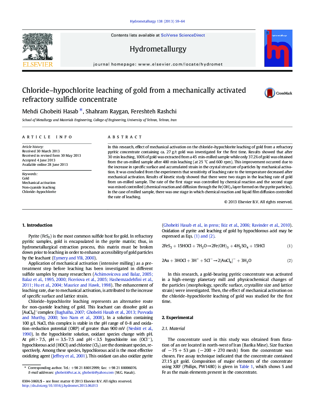 Chloride-hypochlorite leaching of gold from a mechanically activated refractory sulfide concentrate