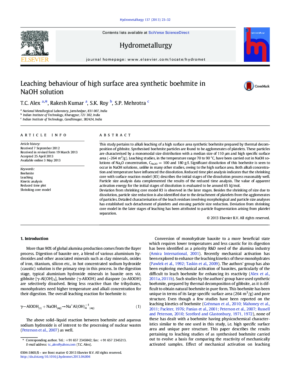 Leaching behaviour of high surface area synthetic boehmite in NaOH solution