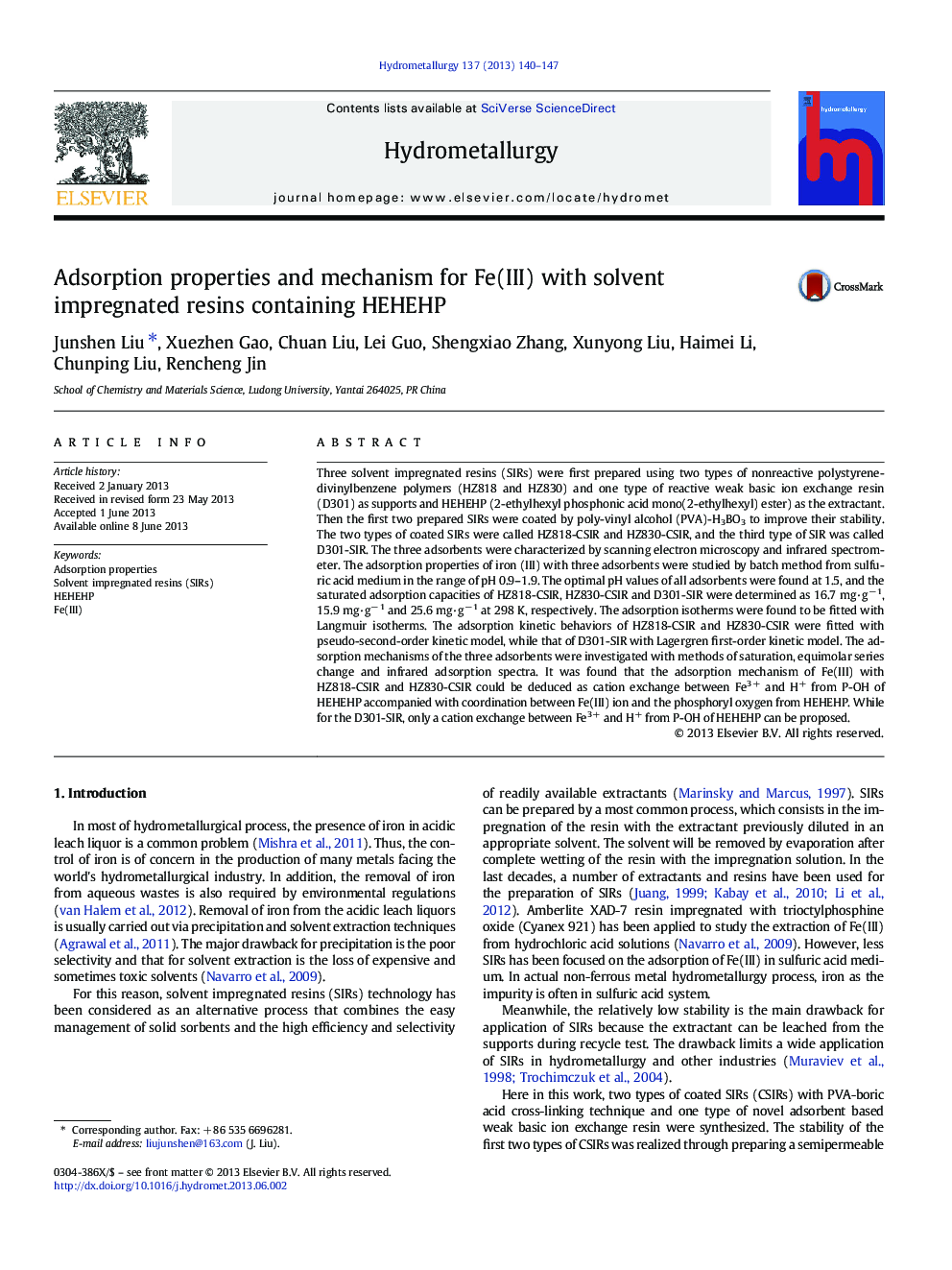 Adsorption properties and mechanism for Fe(III) with solvent impregnated resins containing HEHEHP