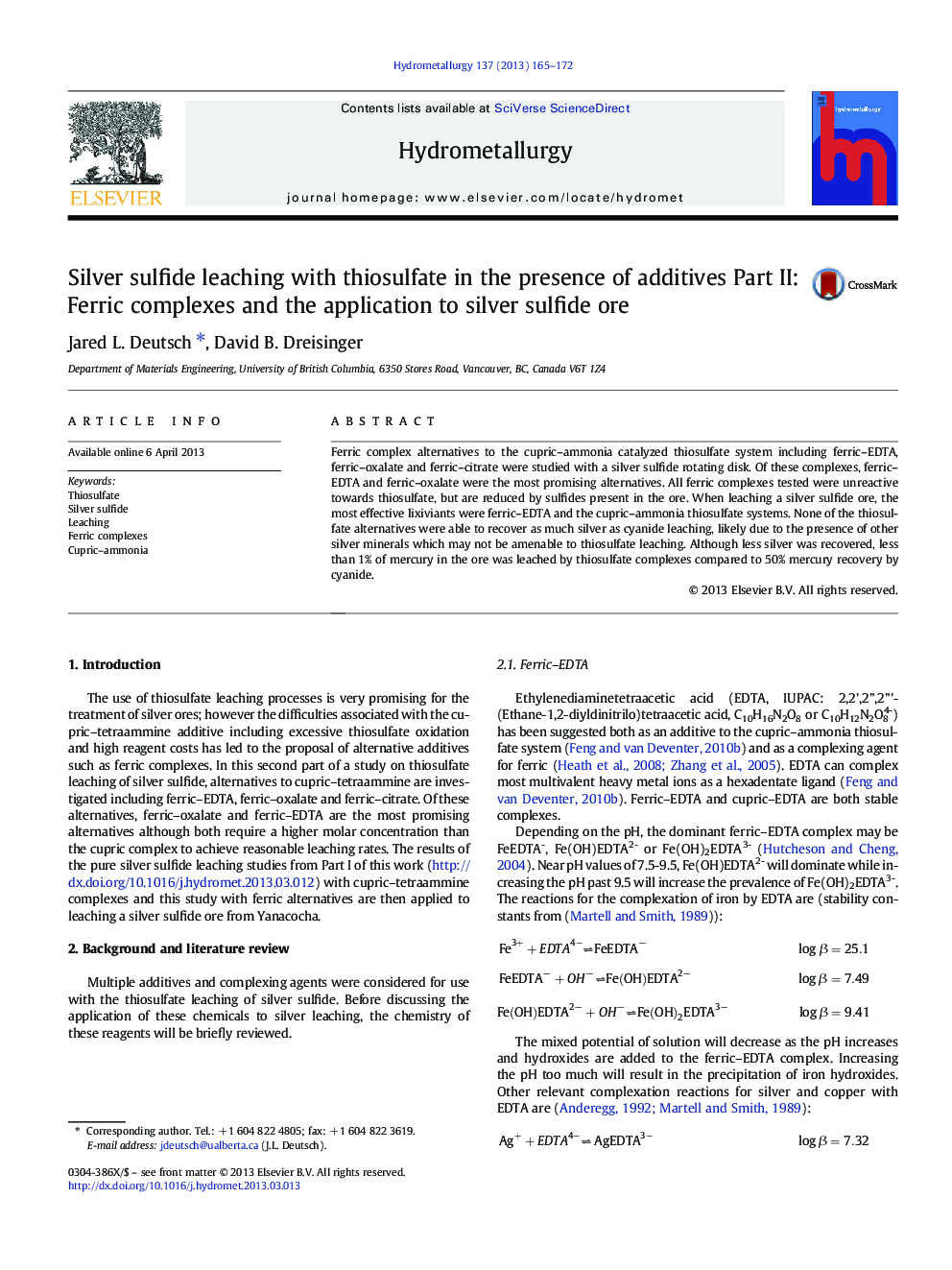 Silver sulfide leaching with thiosulfate in the presence of additives Part II: Ferric complexes and the application to silver sulfide ore