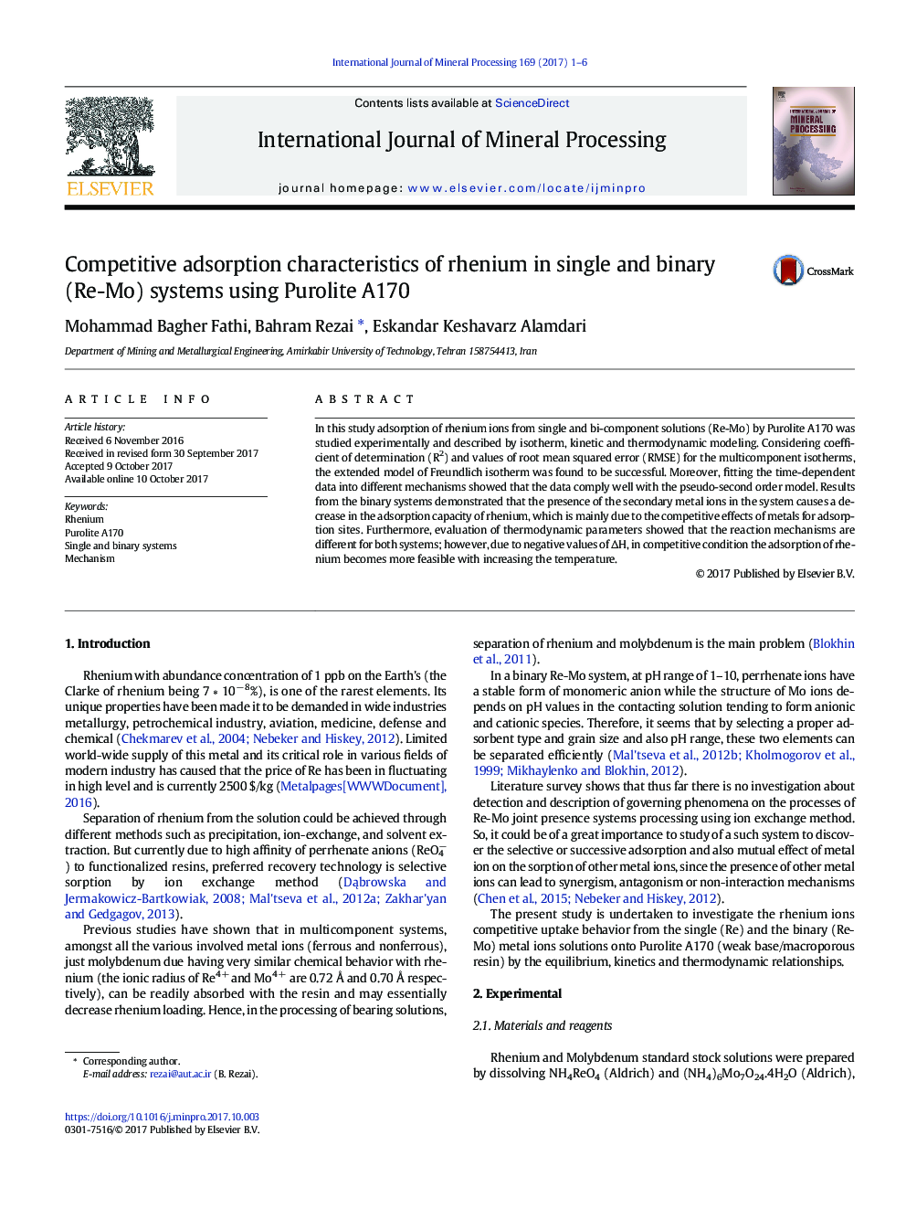 Competitive adsorption characteristics of rhenium in single and binary (Re-Mo) systems using Purolite A170