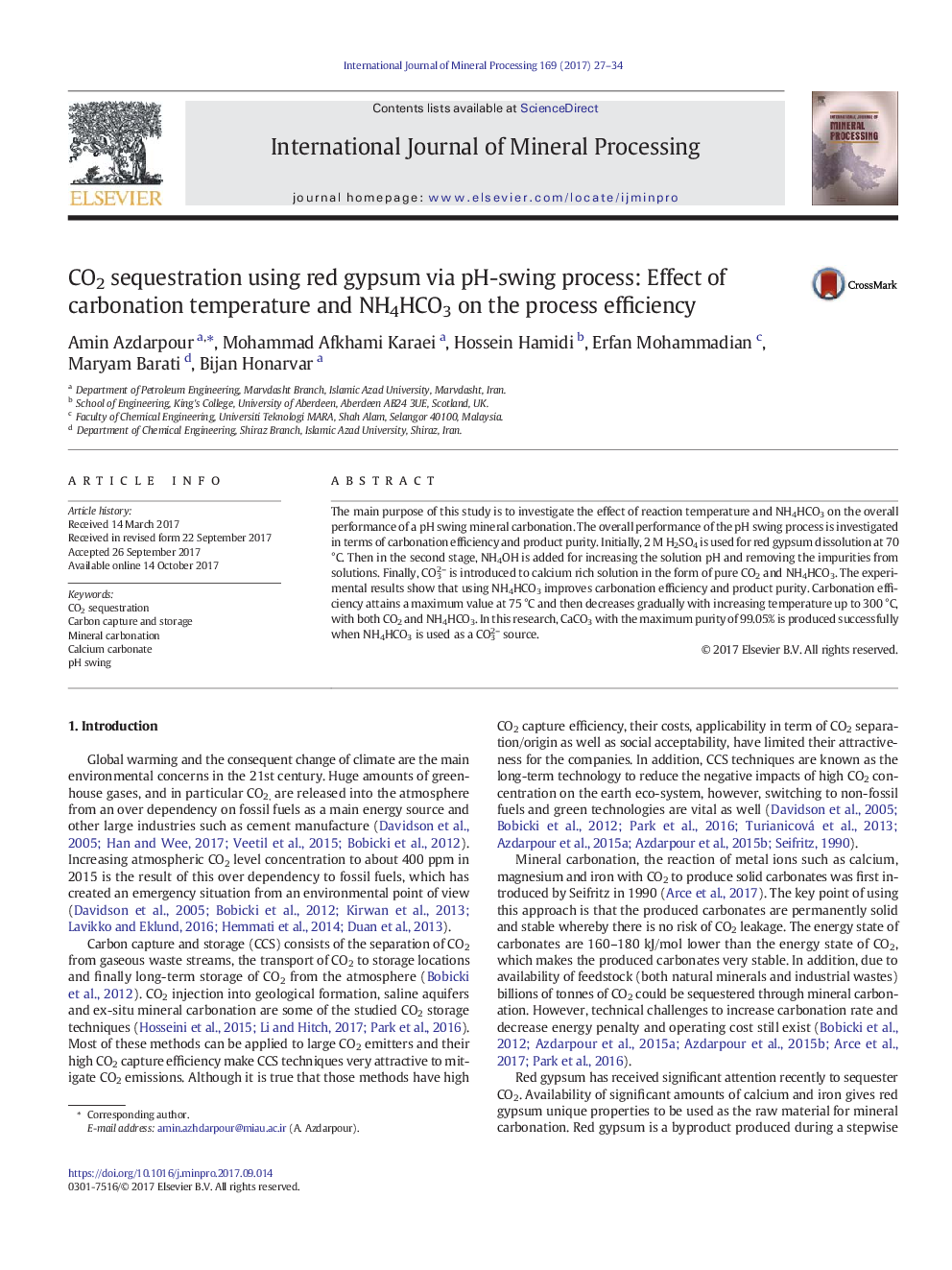 CO2 sequestration using red gypsum via pH-swing process: Effect of carbonation temperature and NH4HCO3 on the process efficiency