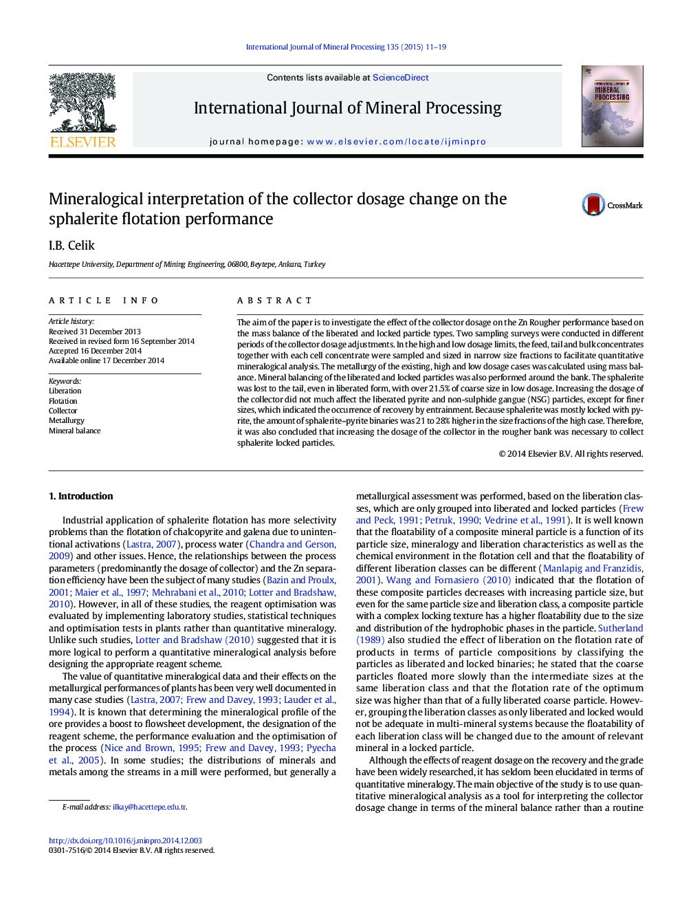 Mineralogical interpretation of the collector dosage change on the sphalerite flotation performance