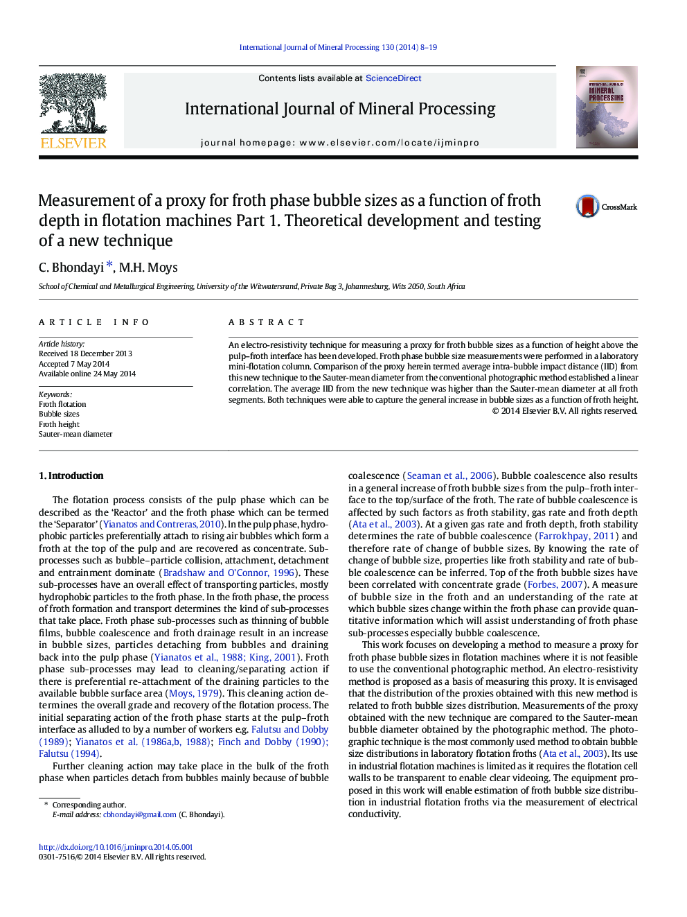 Measurement of a proxy for froth phase bubble sizes as a function of froth depth in flotation machines Part 1. Theoretical development and testing of a new technique