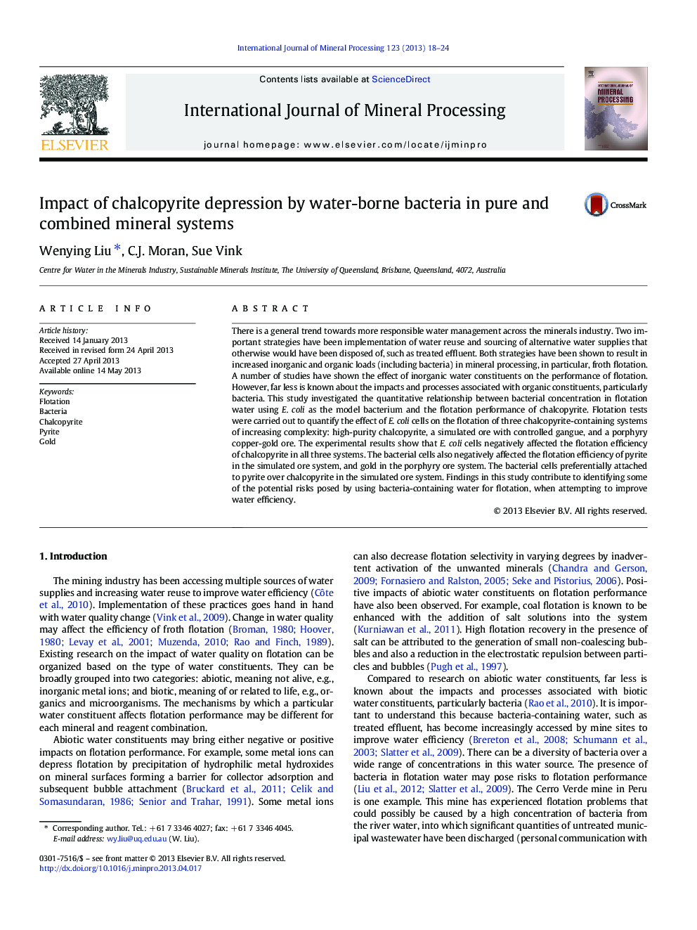 Impact of chalcopyrite depression by water-borne bacteria in pure and combined mineral systems