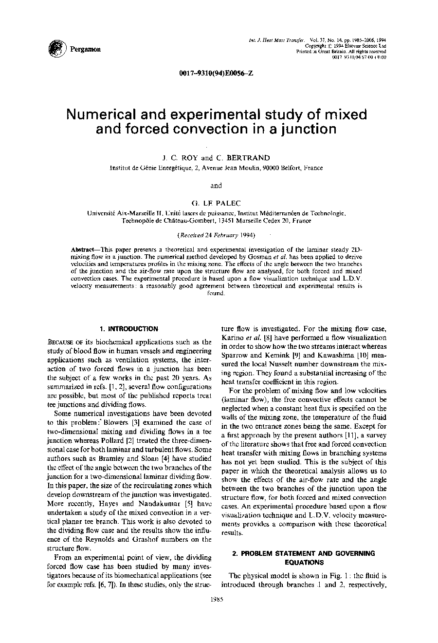 Numerical and experimental study of mixed and forced convection in a junction