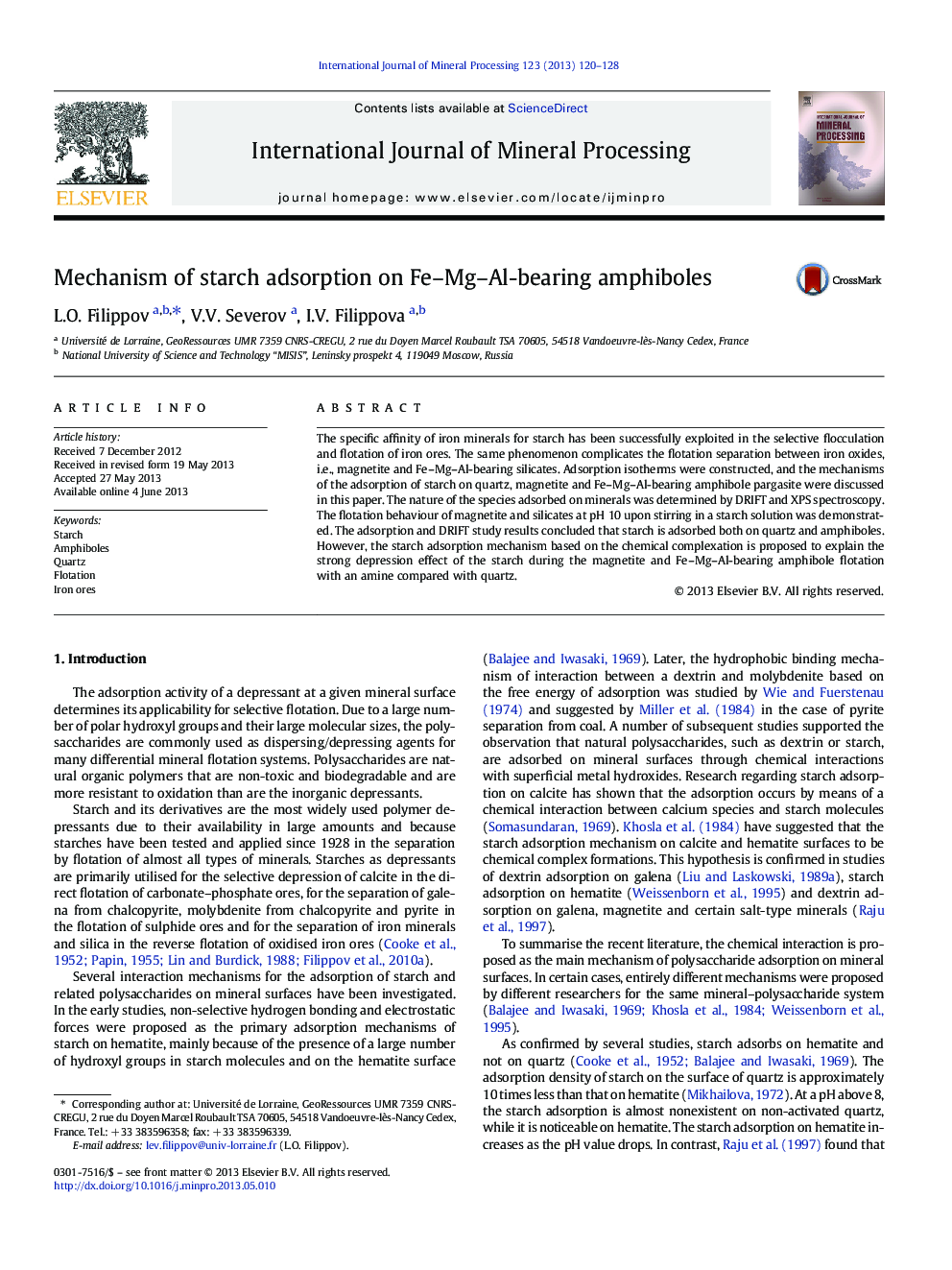 Mechanism of starch adsorption on Fe-Mg-Al-bearing amphiboles