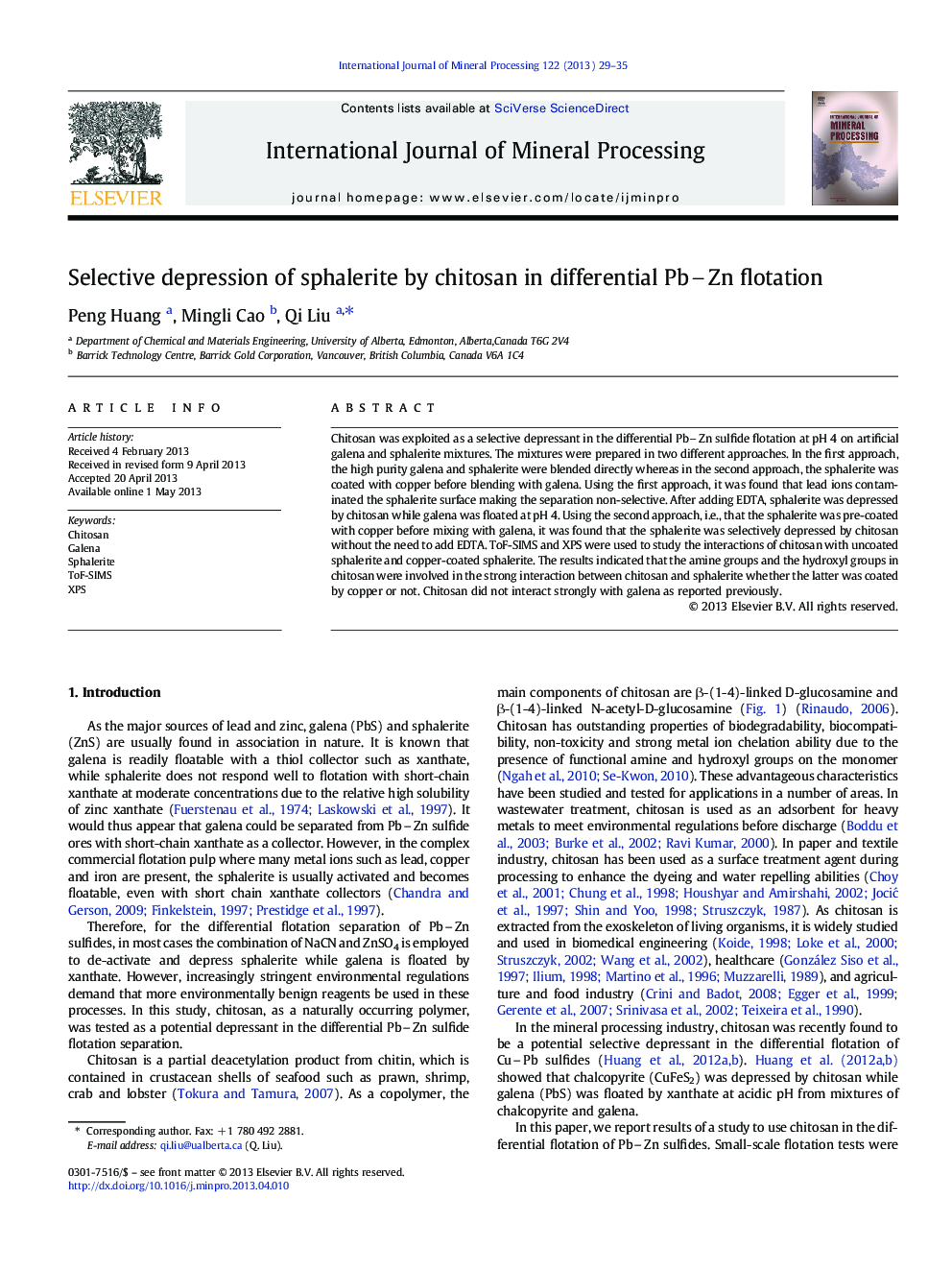 Selective depression of sphalerite by chitosan in differential PbZn flotation