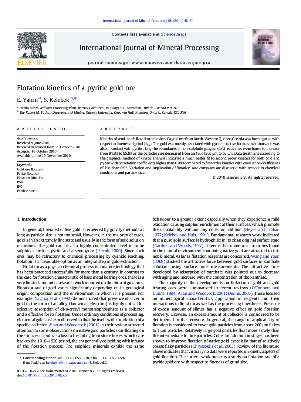 Flotation kinetics of a pyritic gold ore