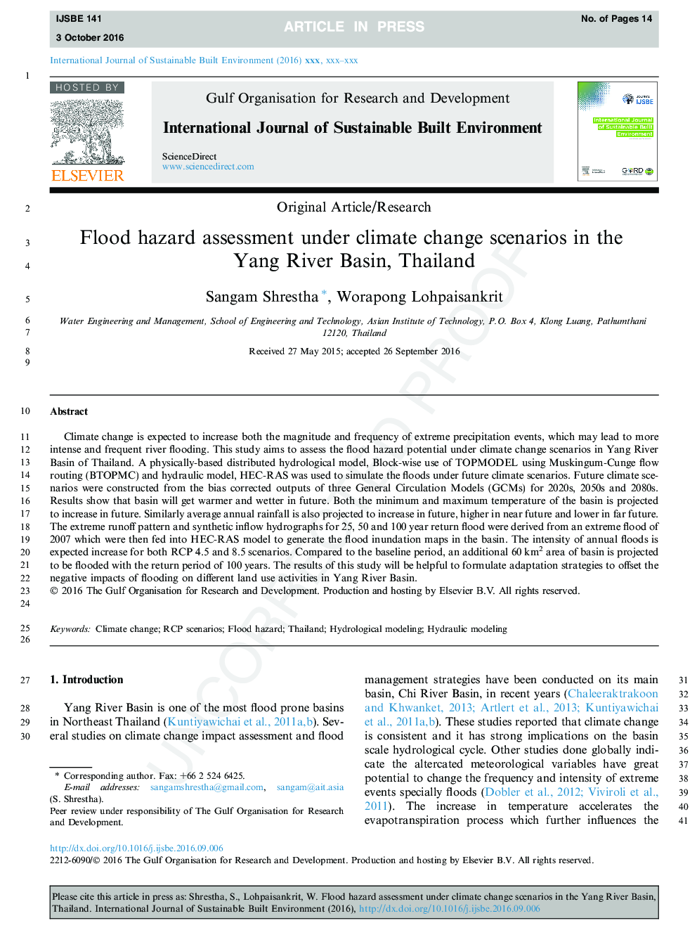 Flood hazard assessment under climate change scenarios in the Yang River Basin, Thailand