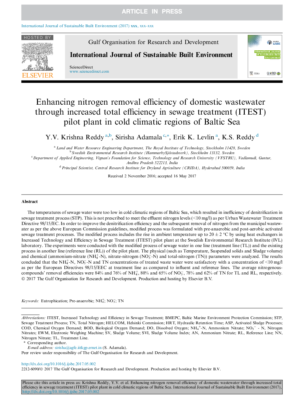 Enhancing nitrogen removal efficiency of domestic wastewater through increased total efficiency in sewage treatment (ITEST) pilot plant in cold climatic regions of Baltic Sea