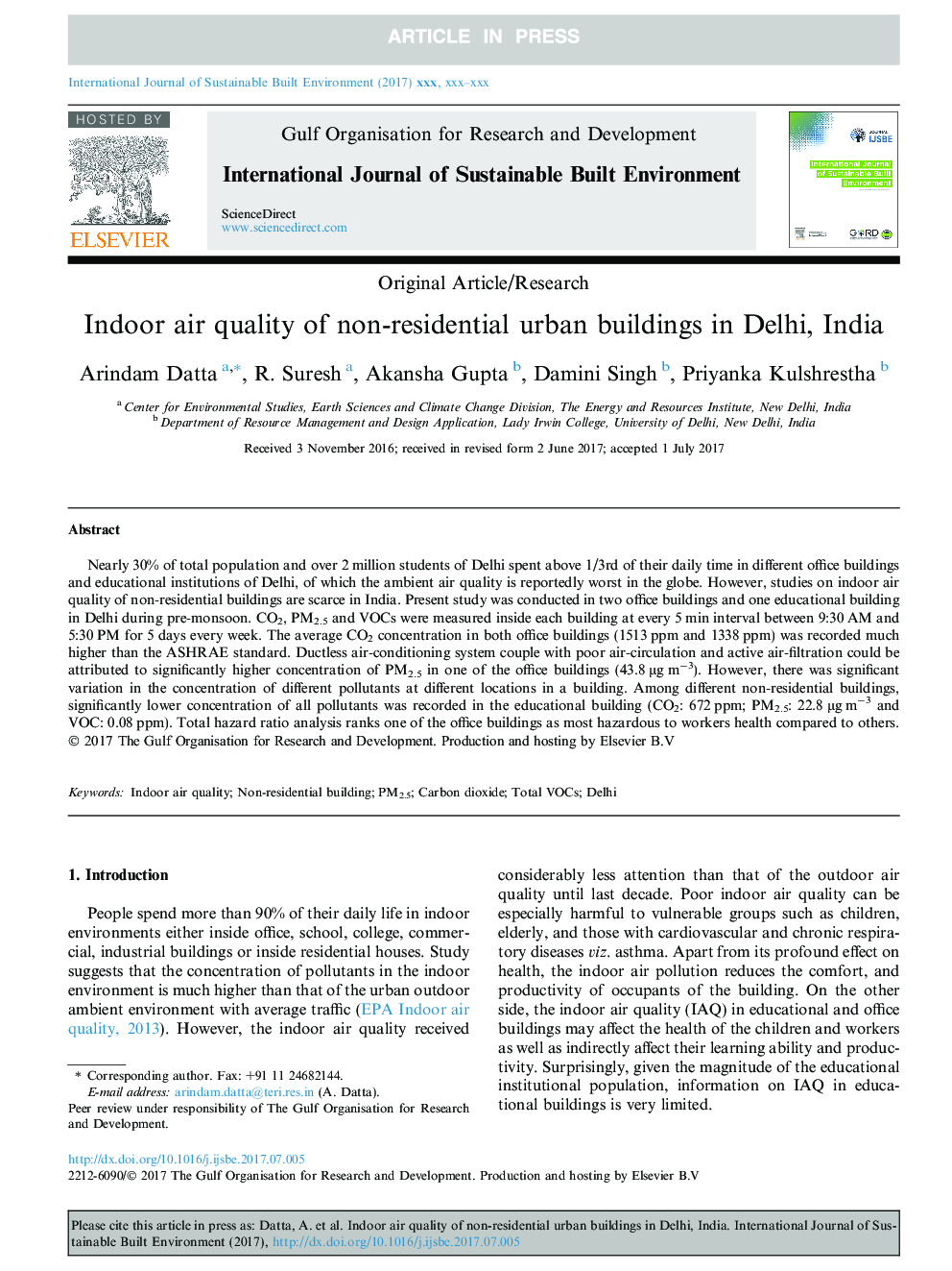 کیفیت هوا داخل ساختمان های غیر مسکونی شهری در دهلی هند 
