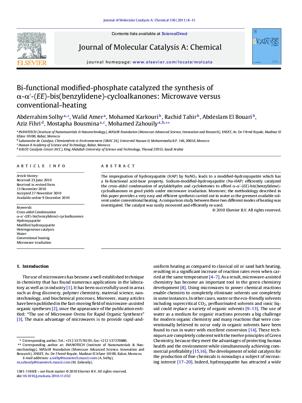 Bi-functional modified-phosphate catalyzed the synthesis of α-α′-(EE)-bis(benzylidene)-cycloalkanones: Microwave versus conventional-heating