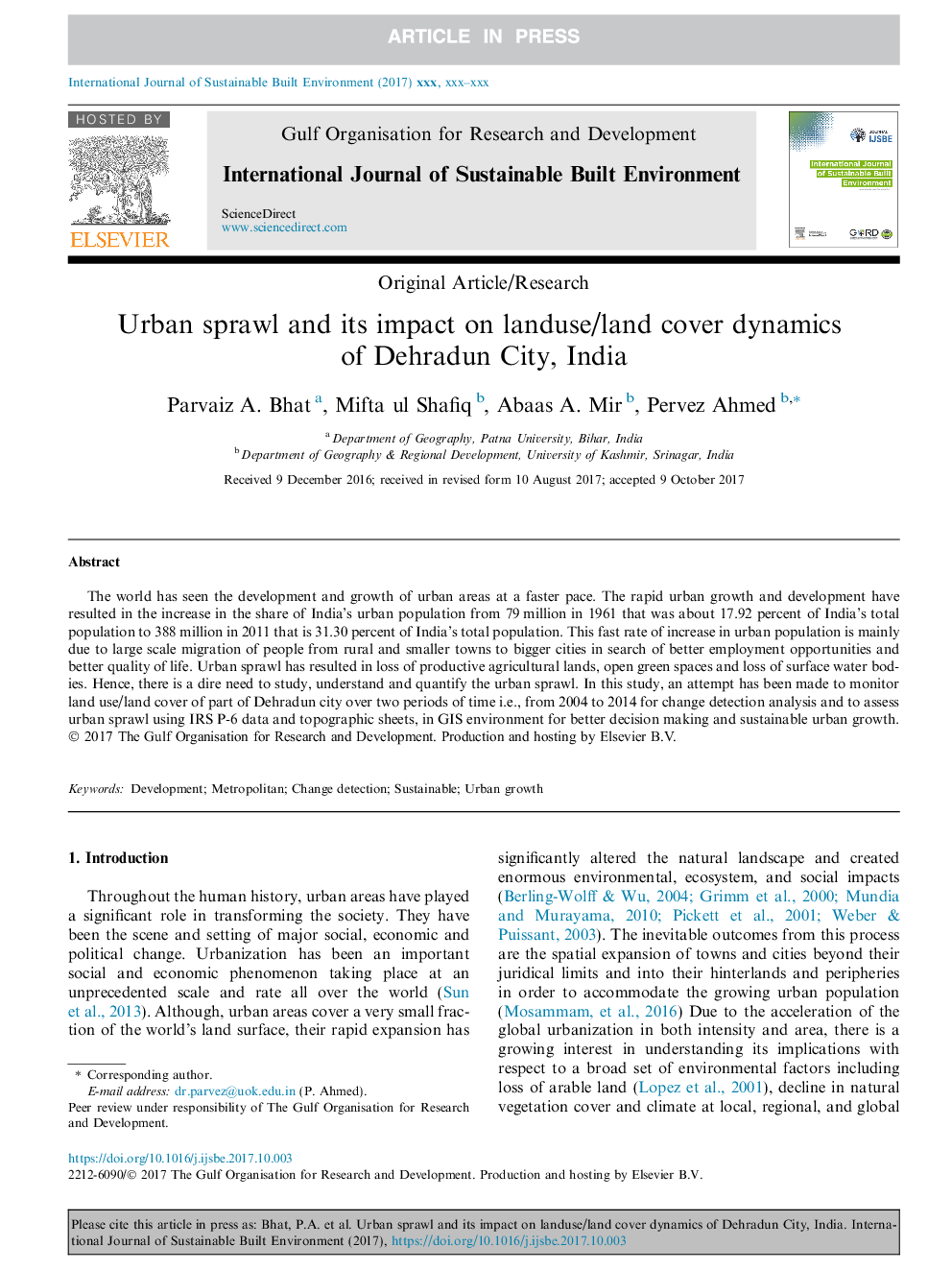 Urban sprawl and its impact on landuse/land cover dynamics of Dehradun City, India