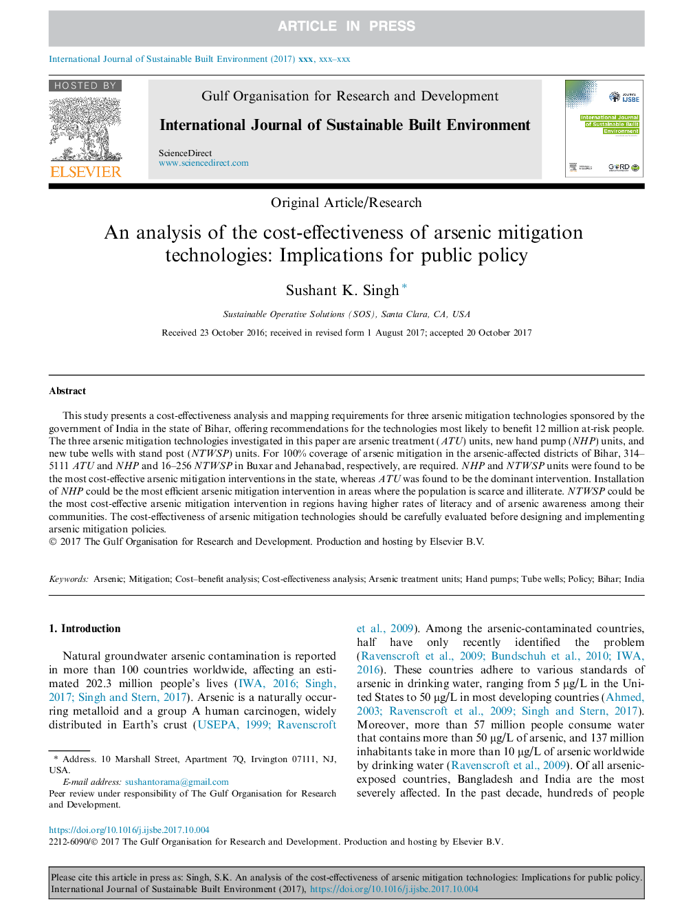 An analysis of the cost-effectiveness of arsenic mitigation technologies: Implications for public policy