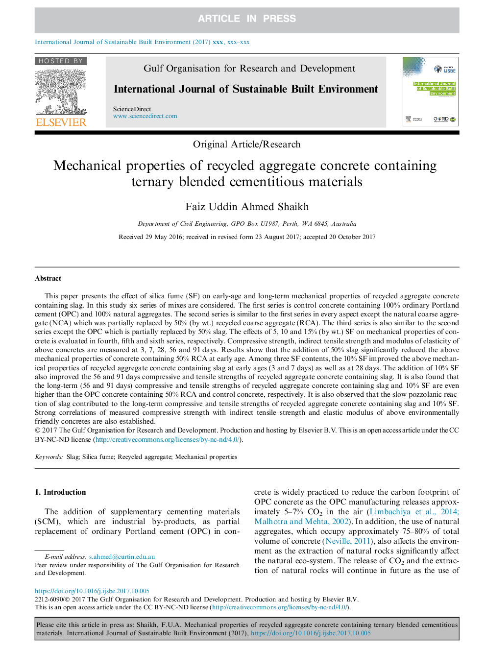 Mechanical properties of recycled aggregate concrete containing ternary blended cementitious materials