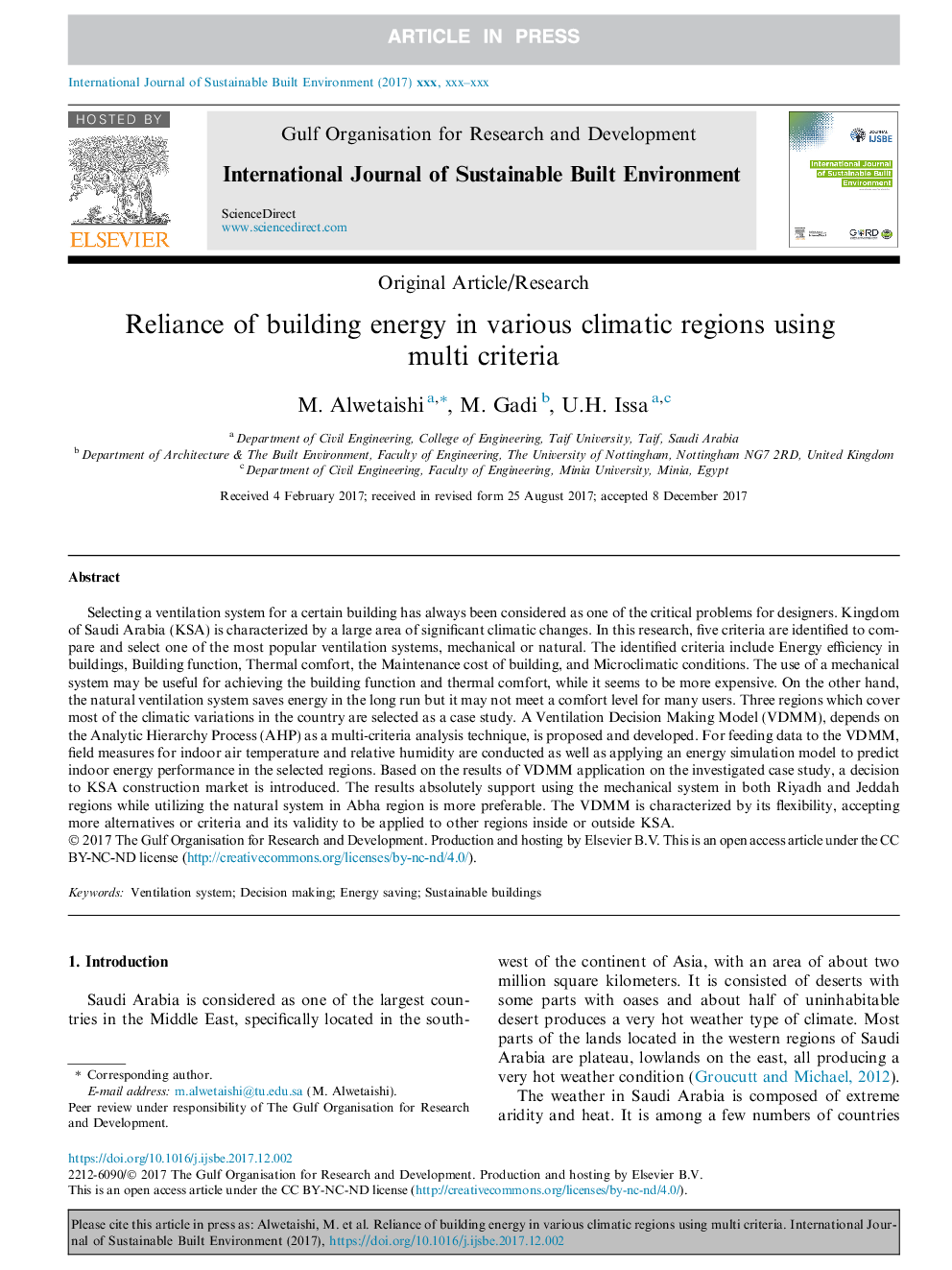 Reliance of building energy in various climatic regions using multi criteria