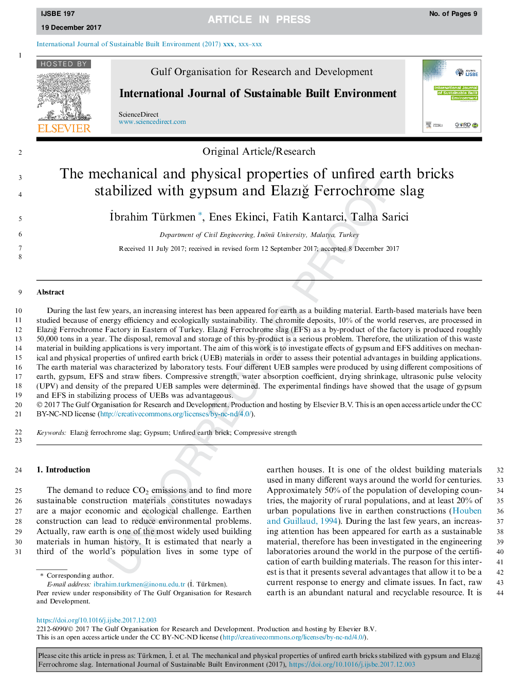 The mechanical and physical properties of unfired earth bricks stabilized with gypsum and ElazÄ±Ä Ferrochrome slag