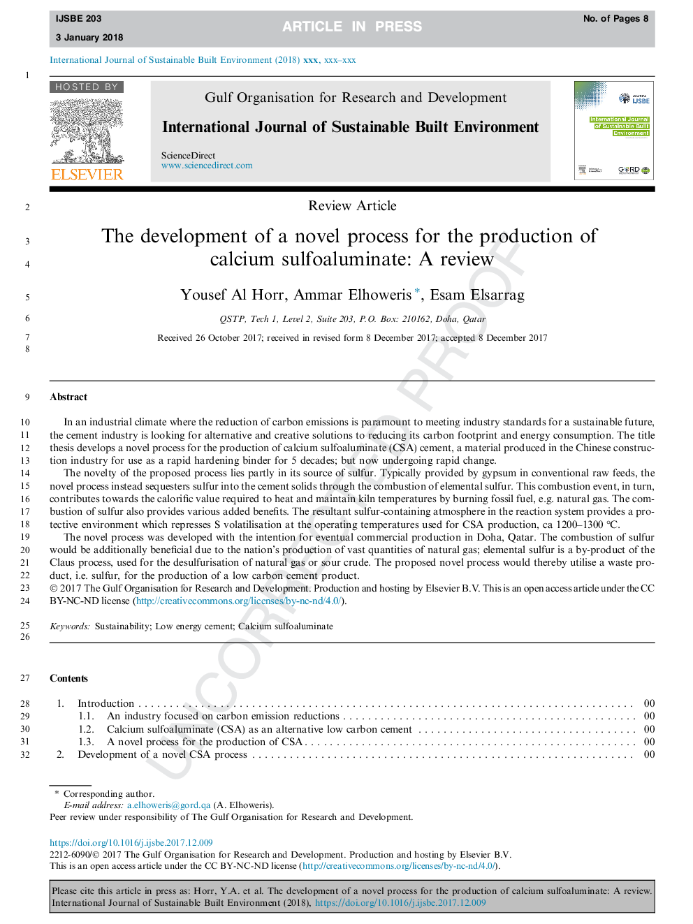 The development of a novel process for the production of calcium sulfoaluminate