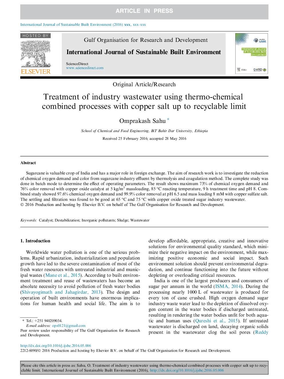 Treatment of industry wastewater using thermo-chemical combined processes with copper salt up to recyclable limit