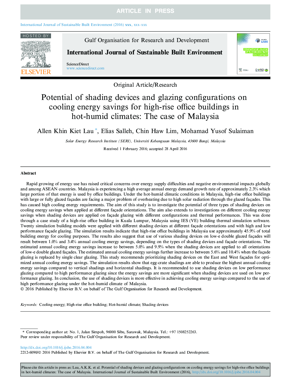 Potential of shading devices and glazing configurations on cooling energy savings for high-rise office buildings in hot-humid climates: The case of Malaysia