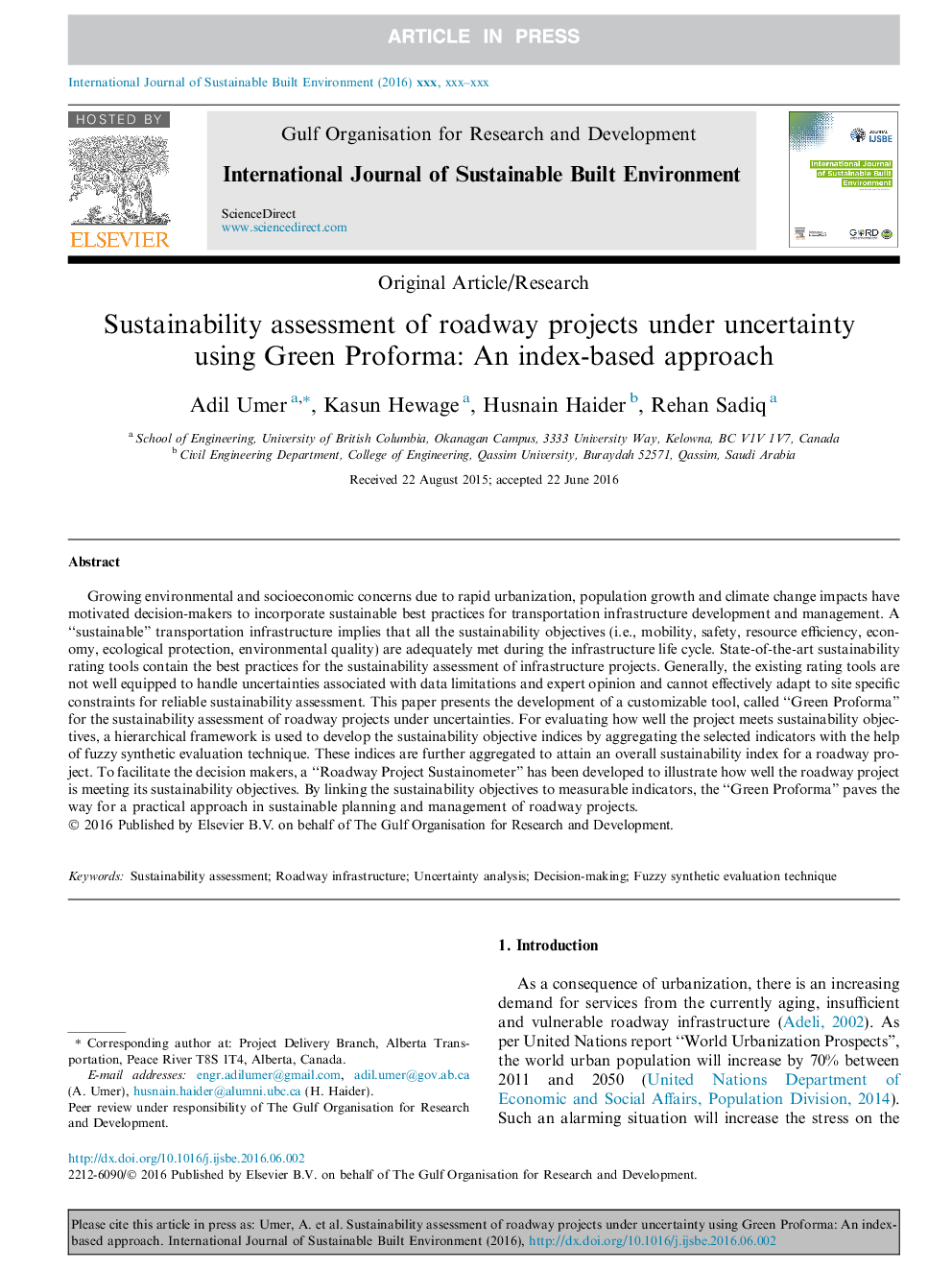 Sustainability assessment of roadway projects under uncertainty using Green Proforma: An index-based approach