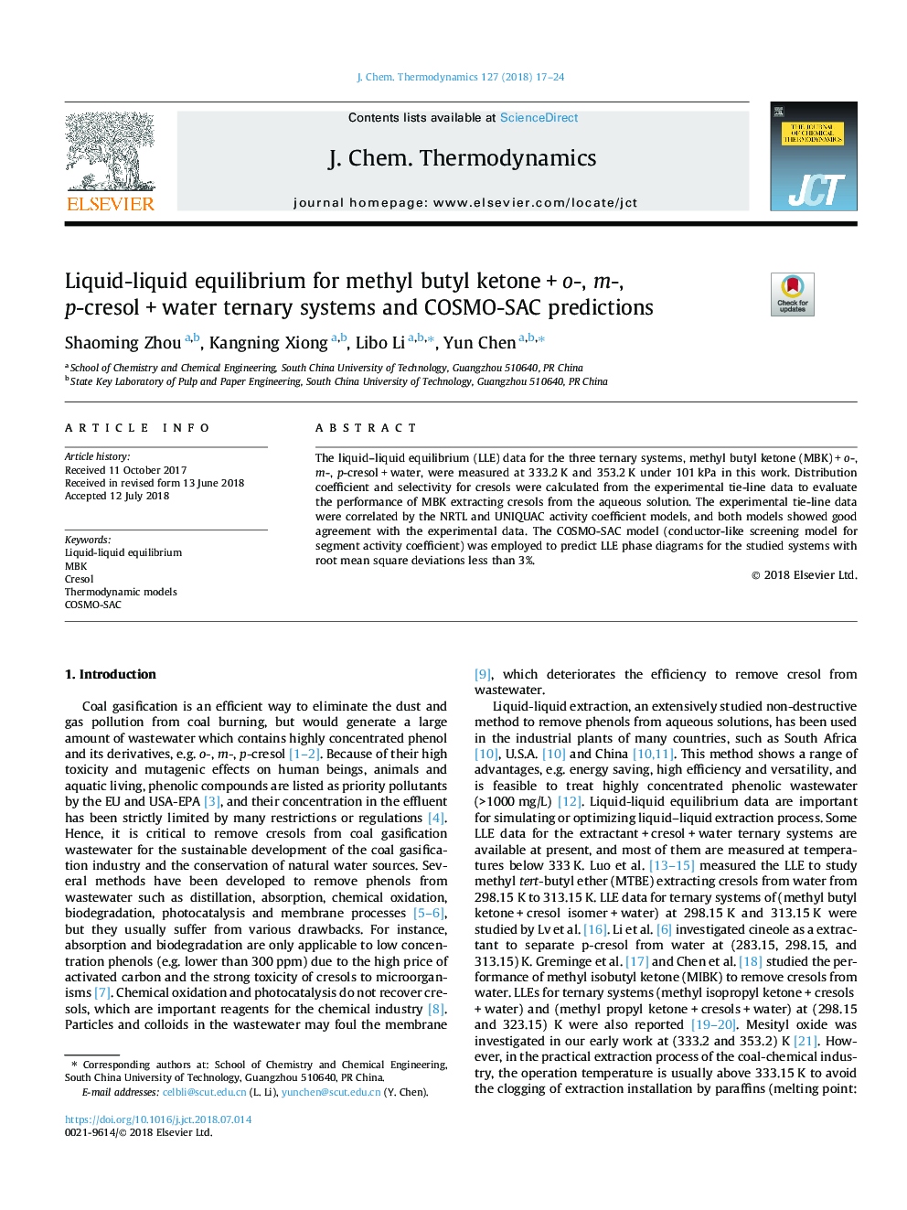 Liquid-liquid equilibrium for methyl butyl ketoneâ¯+â¯o-, m-, p-cresolâ¯+â¯water ternary systems and COSMO-SAC predictions