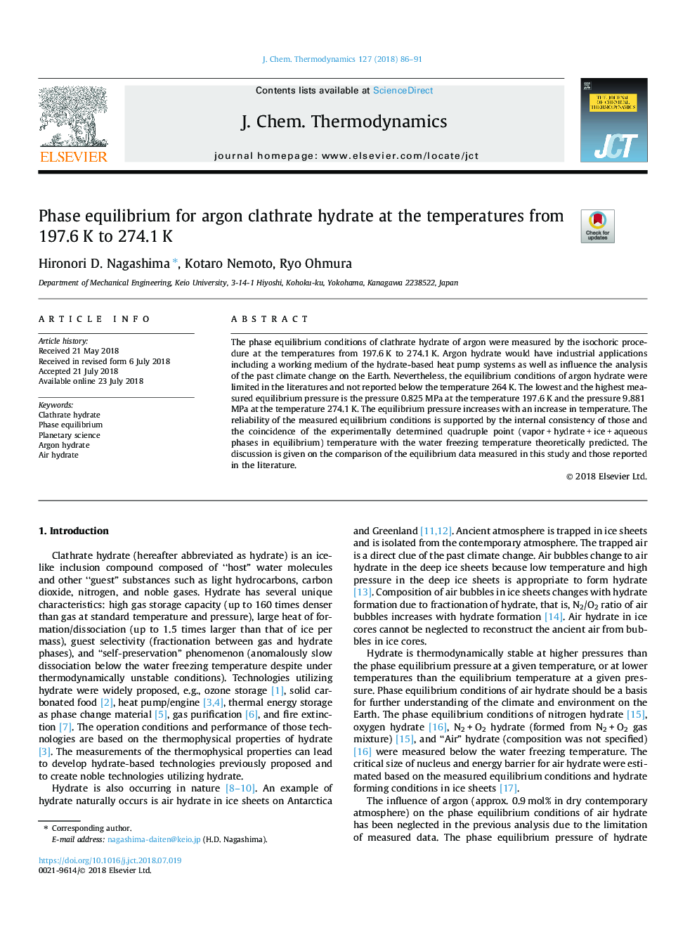 Phase equilibrium for argon clathrate hydrate at the temperatures from 197.6â¯K to 274.1â¯K