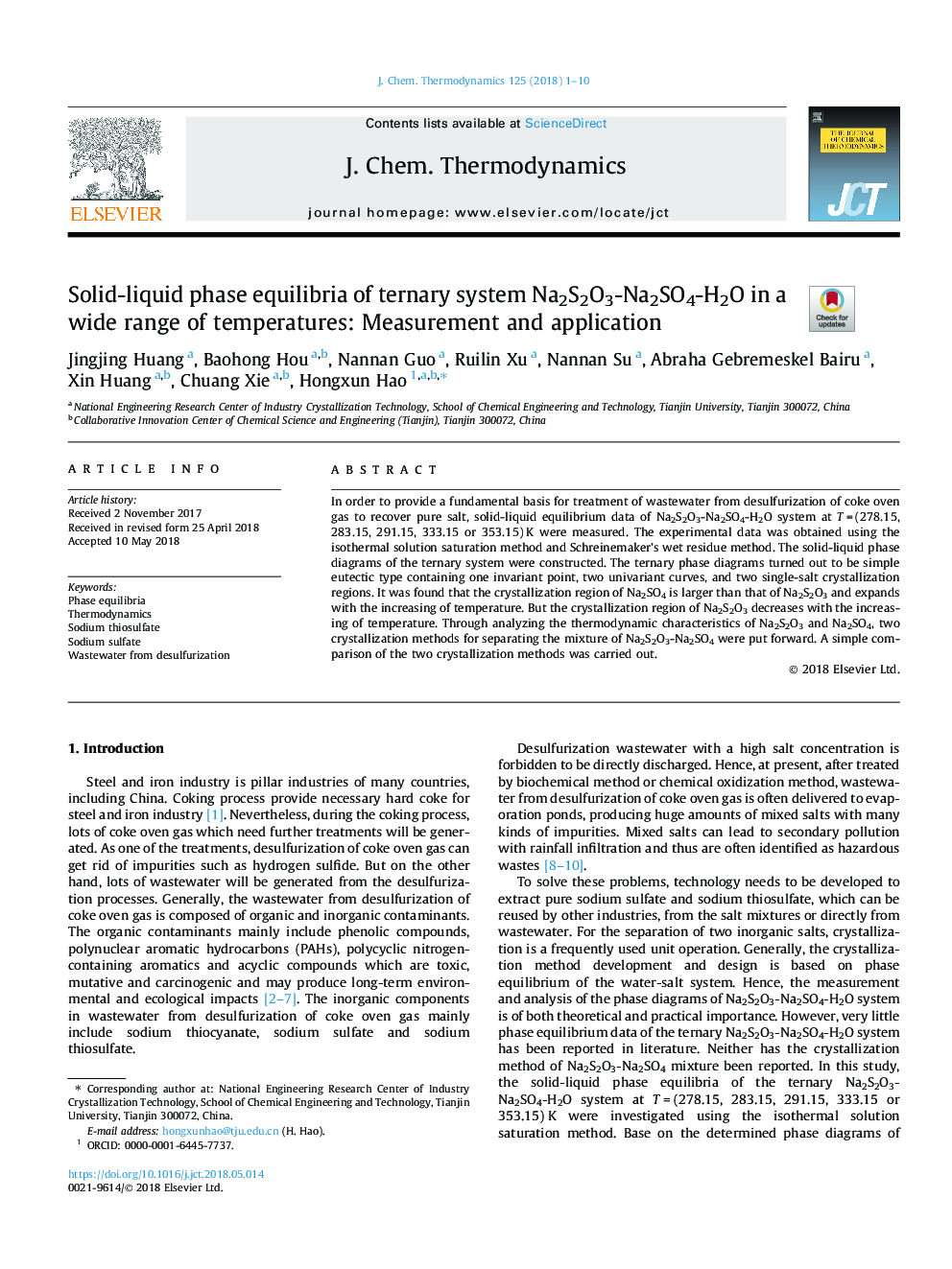 Solid-liquid phase equilibria of ternary system Na2S2O3-Na2SO4-H2O in a wide range of temperatures: Measurement and application