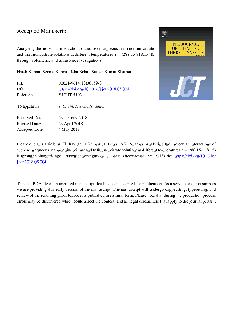 Analysing the molecular interactions of sucrose in aqueous triammonium citrate and trilithium citrate solutions at different temperatures Tâ¯=â¯(288.15-318.15)â¯K through volumetric and ultrasonic investigations