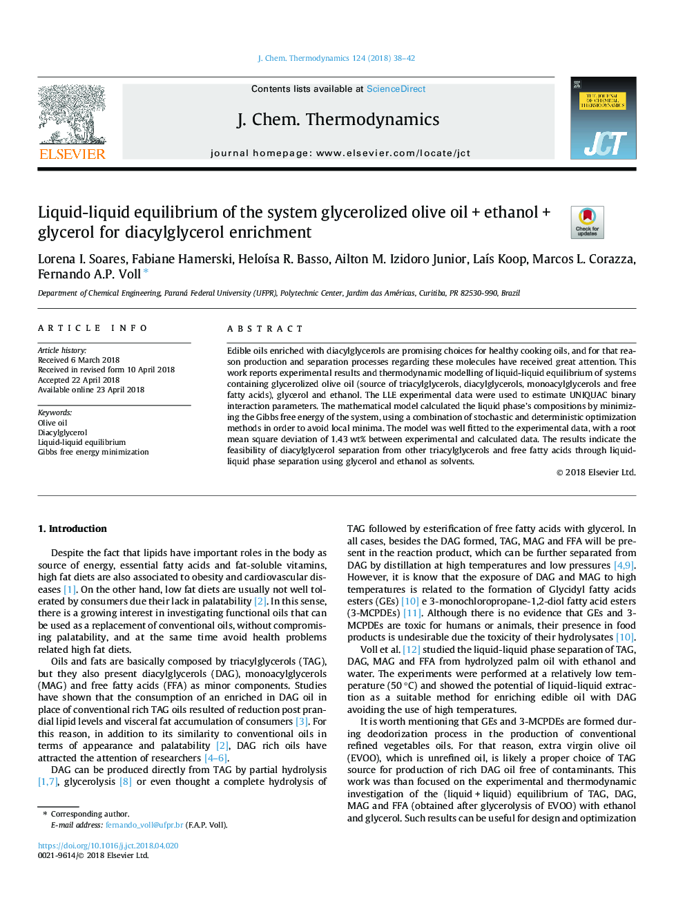 Liquid-liquid equilibrium of the system glycerolized olive oilâ¯+â¯ethanolâ¯+â¯glycerol for diacylglycerol enrichment