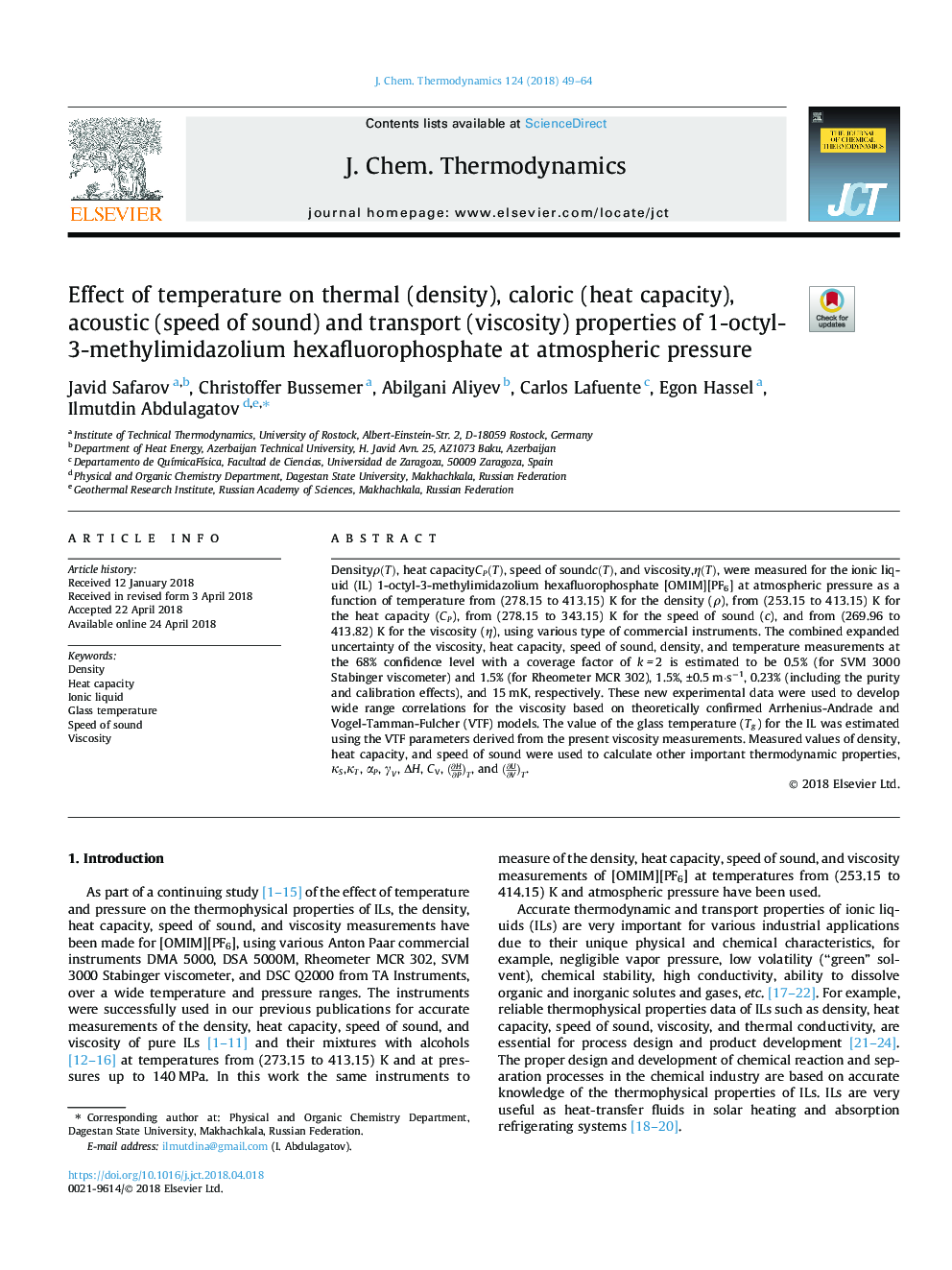 Effect of temperature on thermal (density), caloric (heat capacity), acoustic (speed of sound) and transport (viscosity) properties of 1-octyl-3-methylimidazolium hexafluorophosphate at atmospheric pressure