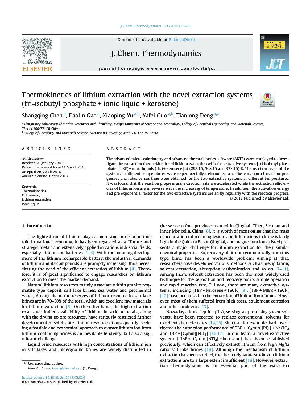 Thermokinetics of lithium extraction with the novel extraction systems (tri-isobutyl phosphateâ¯+â¯ionic liquidâ¯+â¯kerosene)