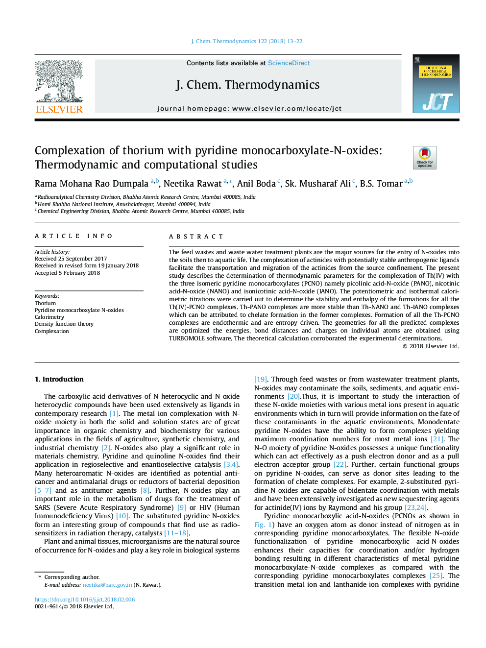 Complexation of thorium with pyridine monocarboxylate-N-oxides: Thermodynamic and computational studies