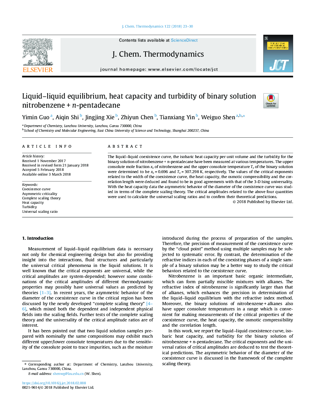 Liquid-liquid equilibrium, heat capacity and turbidity of binary solution nitrobenzeneâ¯+â¯n-pentadecane