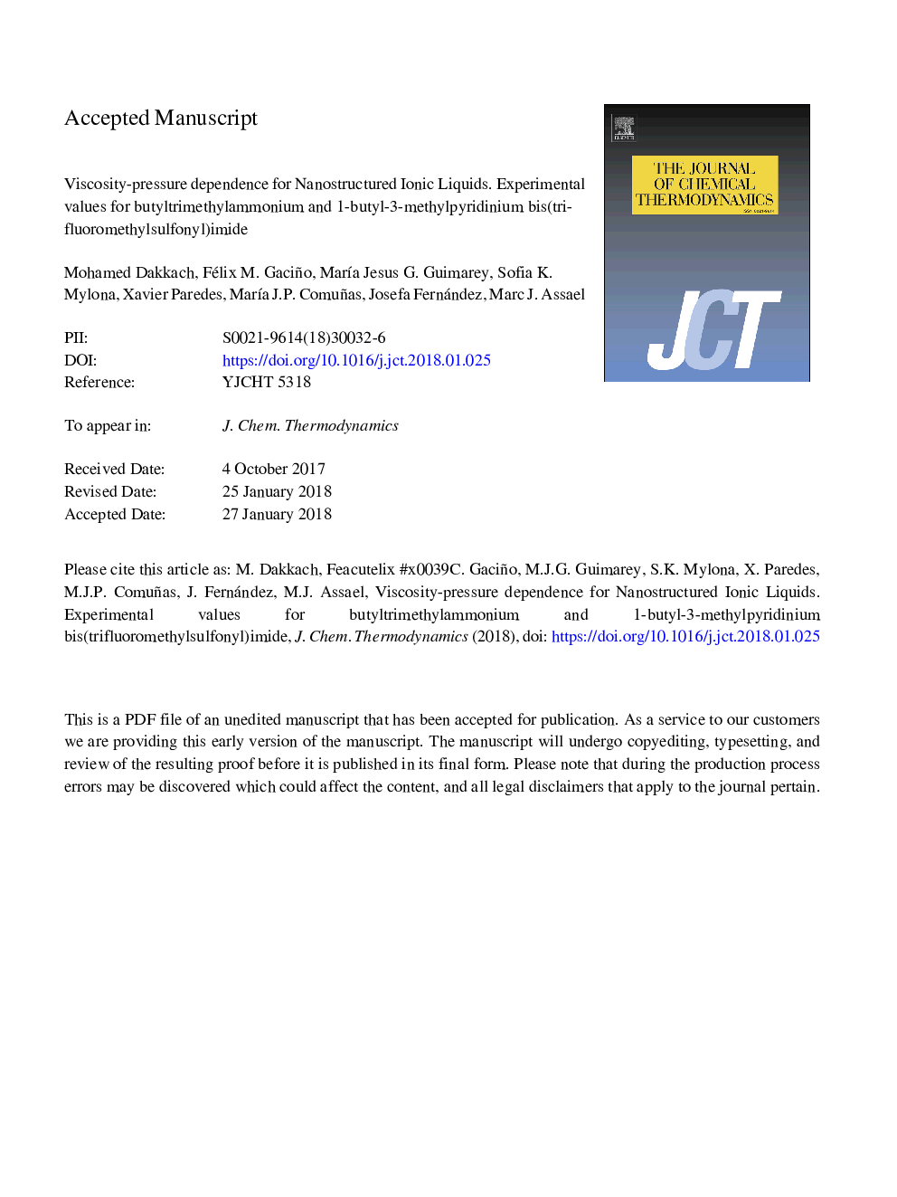 Viscosity-pressure dependence for nanostructured ionic liquids. Experimental values for butyltrimethylammonium and 1-butyl-3-methylpyridinium bis(trifluoromethylsulfonyl)imide