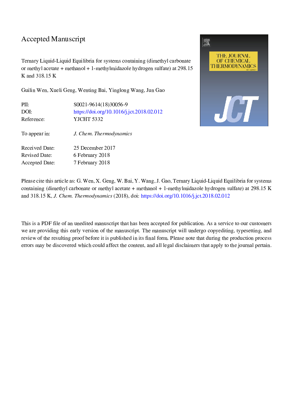 عکس صفحه اول مقاله: Ternary liquid-liquid equilibria for systems containing (dimethyl carbonate or methyl acetateâ¯+â¯methanolâ¯+â¯1-methylmidazole hydrogen sulfate) at 298.15â¯K and 318.15â¯K Ternary liquid-liquid equilibria for systems containing (dimethyl carbonate or methyl acetateâ¯+â¯methanolâ¯+â¯1-methylmidazole hydrogen sulfate) at 298.15â¯K and 318.15â¯K