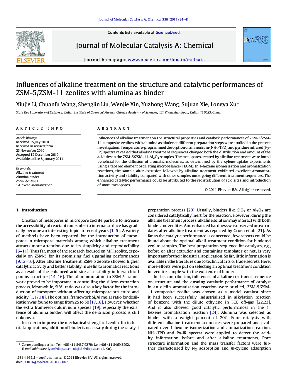 Influences of alkaline treatment on the structure and catalytic performances of ZSM-5/ZSM-11 zeolites with alumina as binder