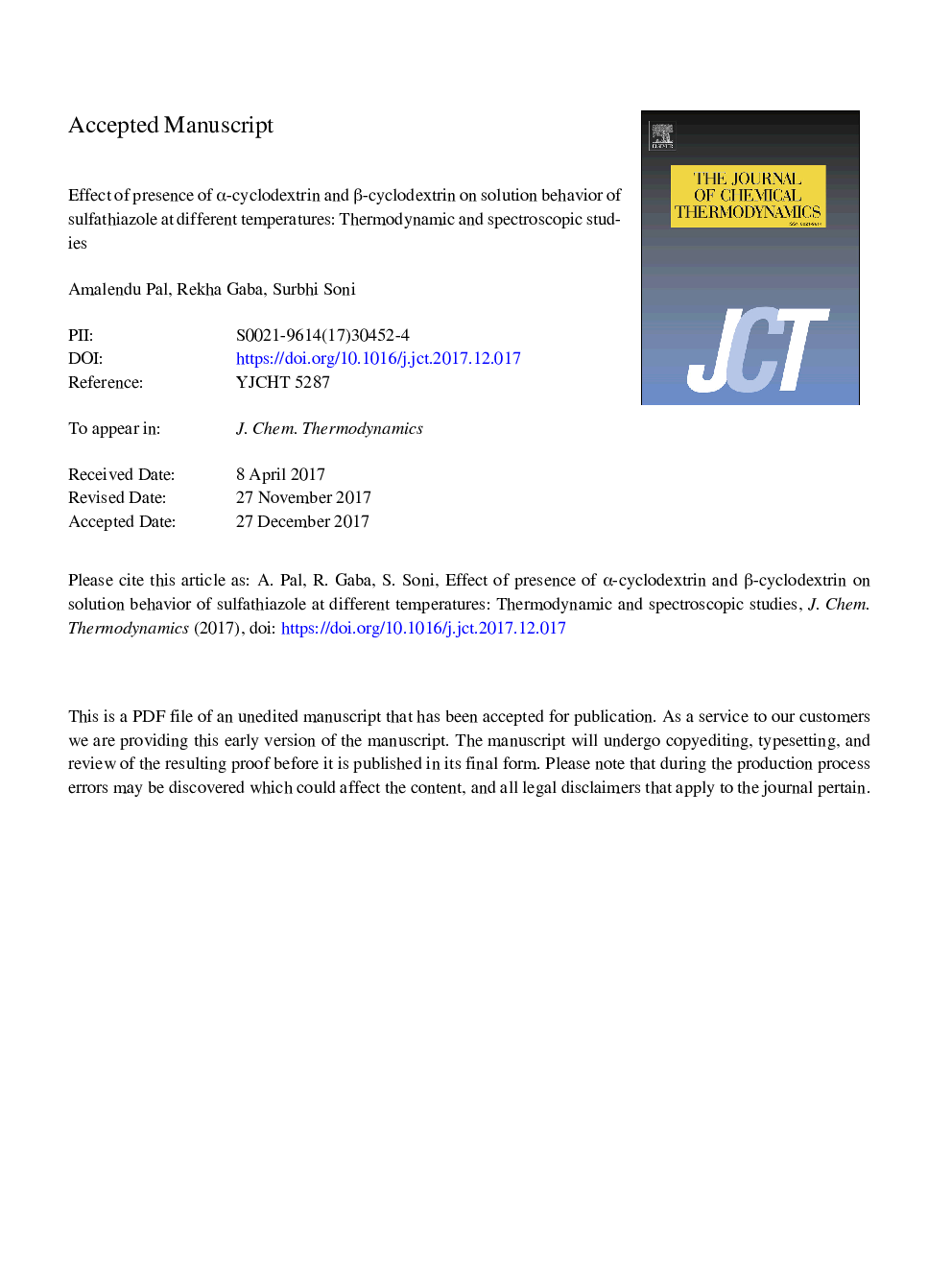 Effect of presence of Î±-cyclodextrin and Î²-cyclodextrin on solution behavior of sulfathiazole at different temperatures: Thermodynamic and spectroscopic studies