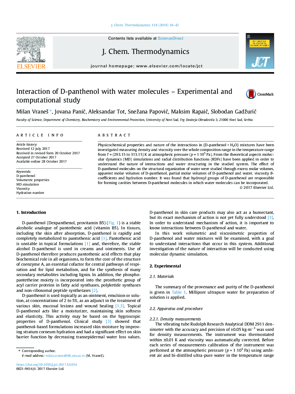 Interaction of D-panthenol with water molecules - Experimental and computational study